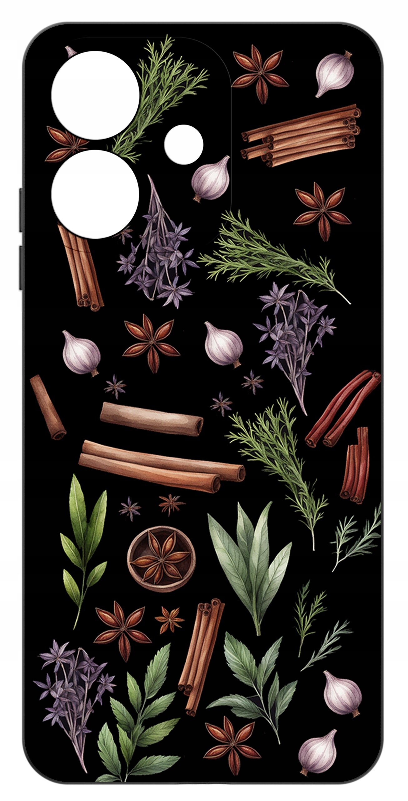 Etui na telefon z wzorem przedstawiającym różne przyprawy i zioła, takie jak laski cynamonu, anyż, czosnek i liście na czarnym tle. Etui ma wycięcia na aparat i inne elementy telefonu.