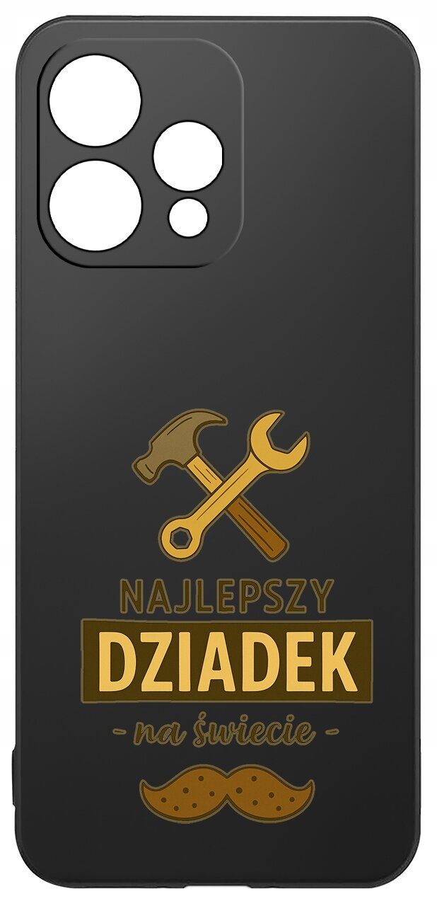 Czarne etui z grafiką przedstawiającą skrzyżowane narzędzia: młotek i klucz, oraz napisem \'NAJLEPSZY DZIADEK na świecie\'.