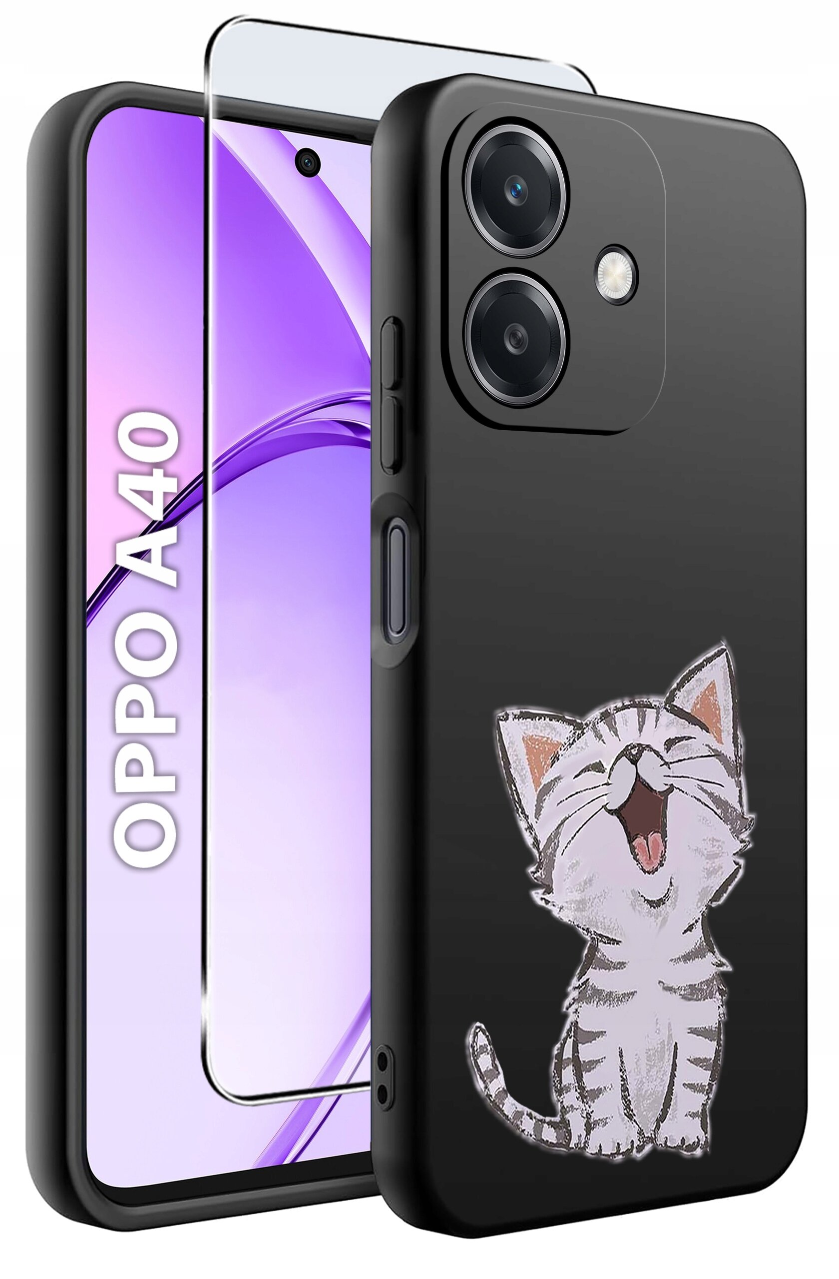 Obraz przedstawia czarne etui na telefon z rysunkiem uśmiechniętego kota oraz szkło ochronne. Na ekranie telefonu widoczny jest napis \'OPPO A40\'.