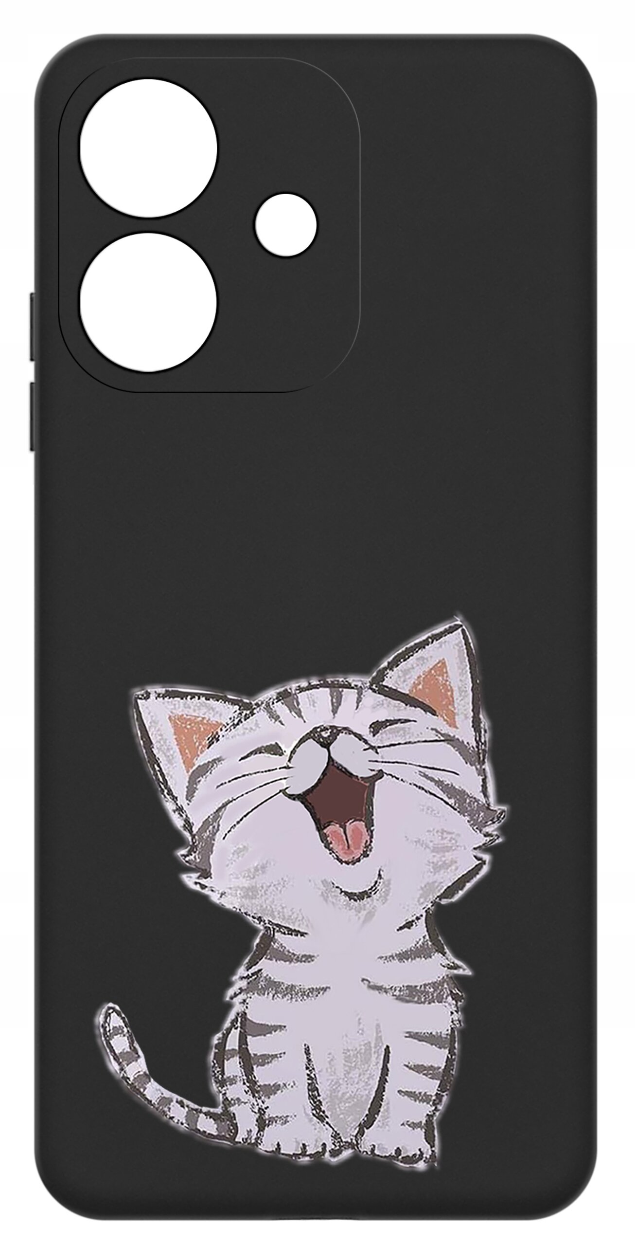 Czarne etui z nadrukiem uśmiechniętego kota z otwartymi ustami. Etui ma wycięcia na trzy obiektywy aparatu.