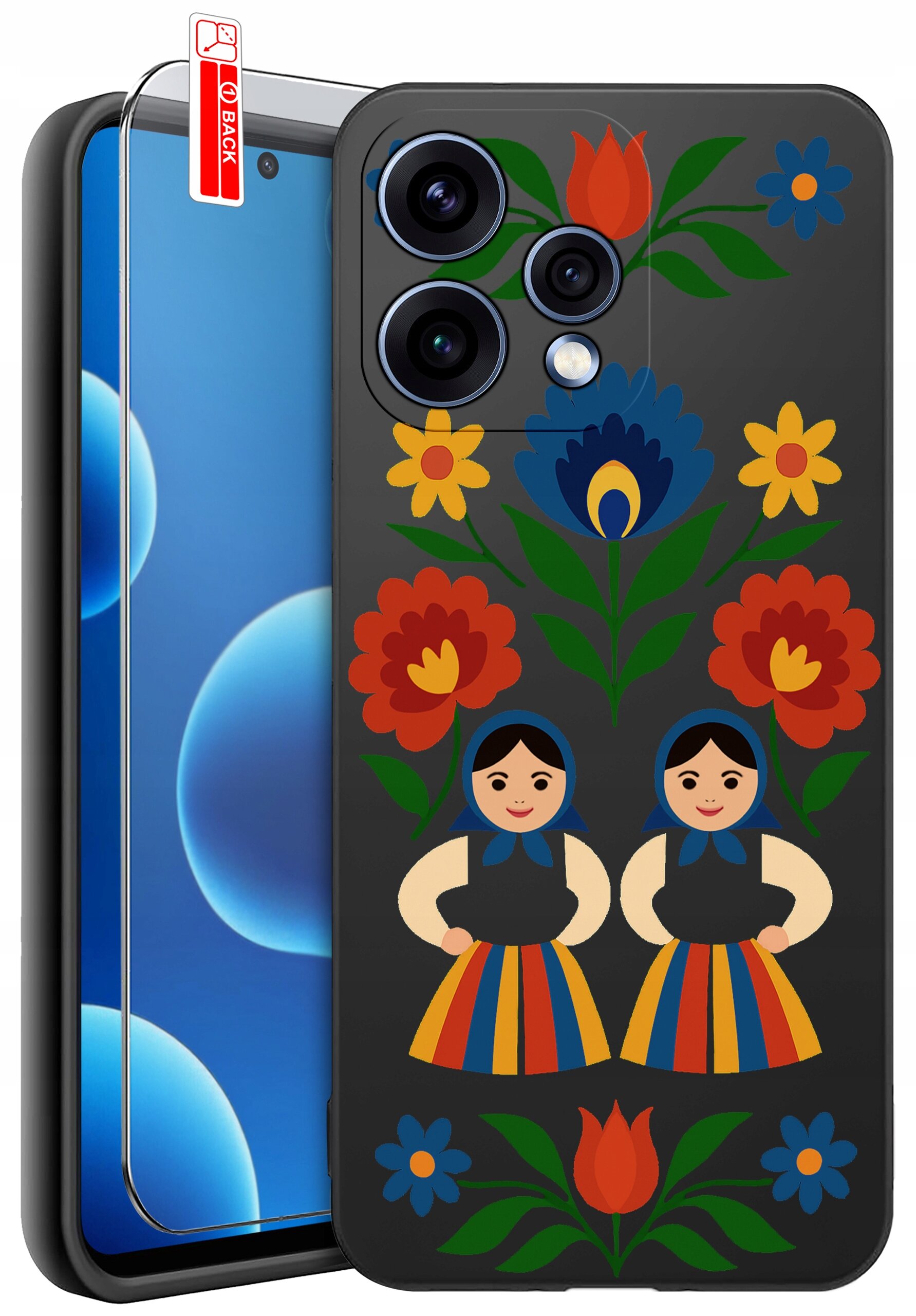 Etui na telefon z kolorowym wzorem ludowym, przedstawiającym kwiaty i postacie w tradycyjnych strojach. Obok etui znajduje się szkło ochronne z oznaczeniem \'BACK\'.