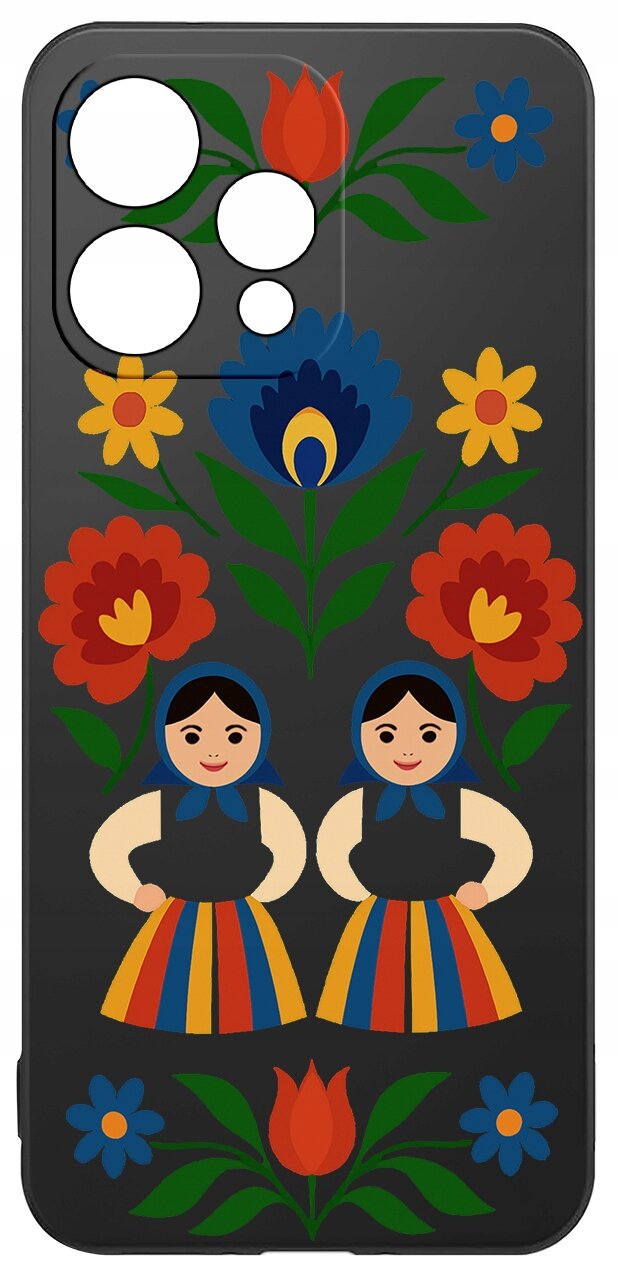 Etui na telefon z kolorowym wzorem ludowym, przedstawiającym dwie postacie w tradycyjnych strojach oraz kwiatowe motywy w żywych kolorach.