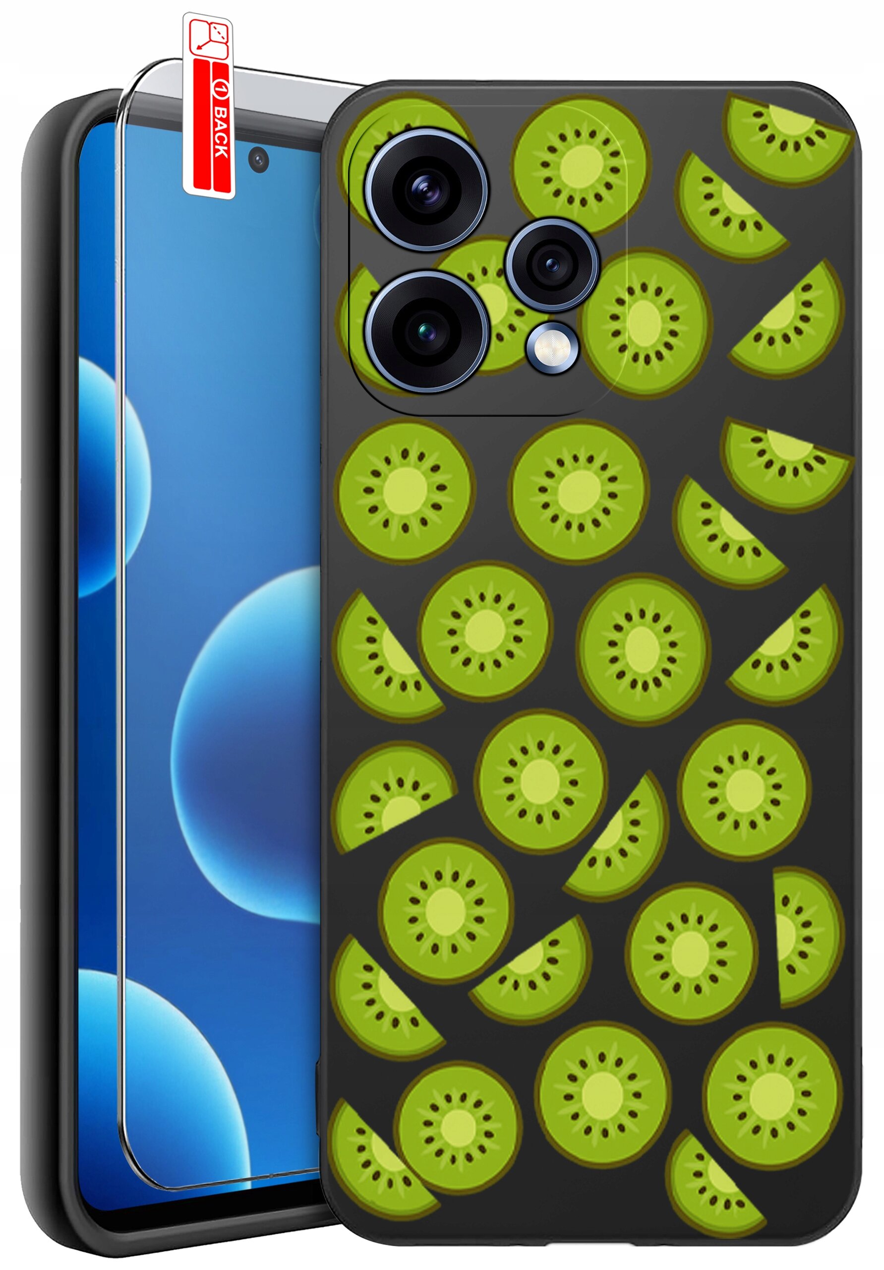 Obraz przedstawia etui na telefon z wzorem zielonych plasterków kiwi na ciemnym tle. Obok etui znajduje się szkło ochronne z oznaczeniem \'BACK\'.