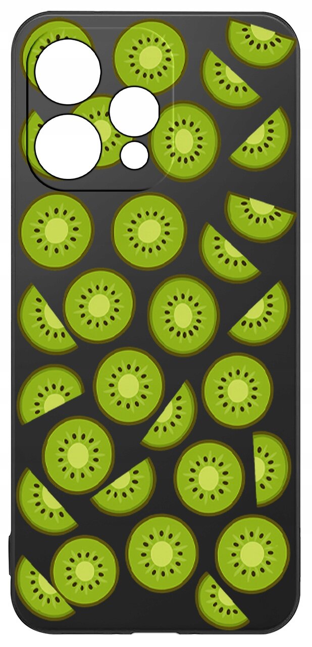 Etui na telefon z wzorem zielonych plasterków kiwi na ciemnym tle. W górnej części widoczne są wycięcia na aparat.