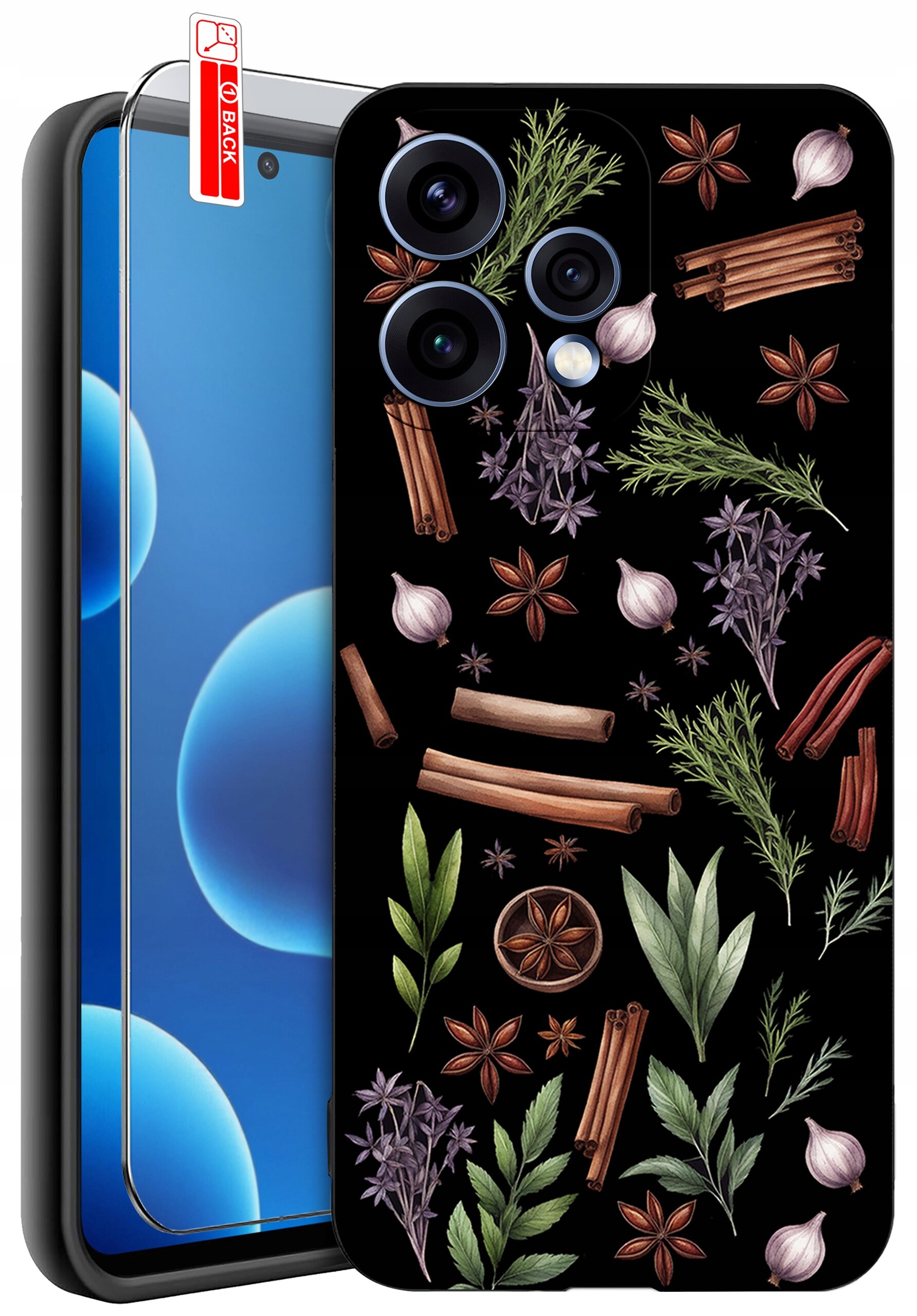 Etui na telefon z wzorem przypraw i ziół, takich jak cynamon, anyż i czosnek, na czarnym tle. Obok znajduje się szkło ochronne z napisem \'BACK\'.