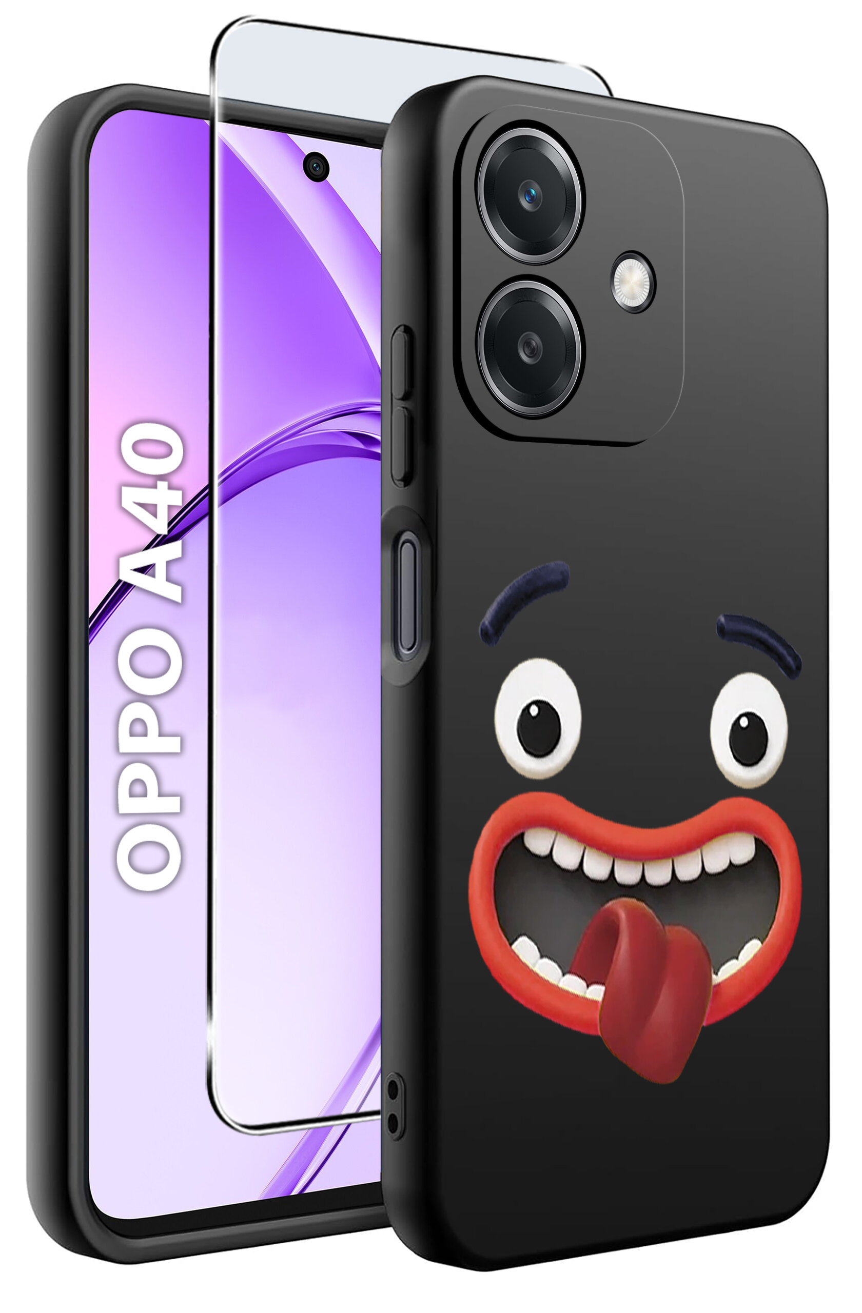 Obraz przedstawia etui na telefon z zabawnym wzorem twarzy z wystawionym językiem. Obok etui widoczny jest telefon z napisem \'OPPO A40\' oraz szkło ochronne.