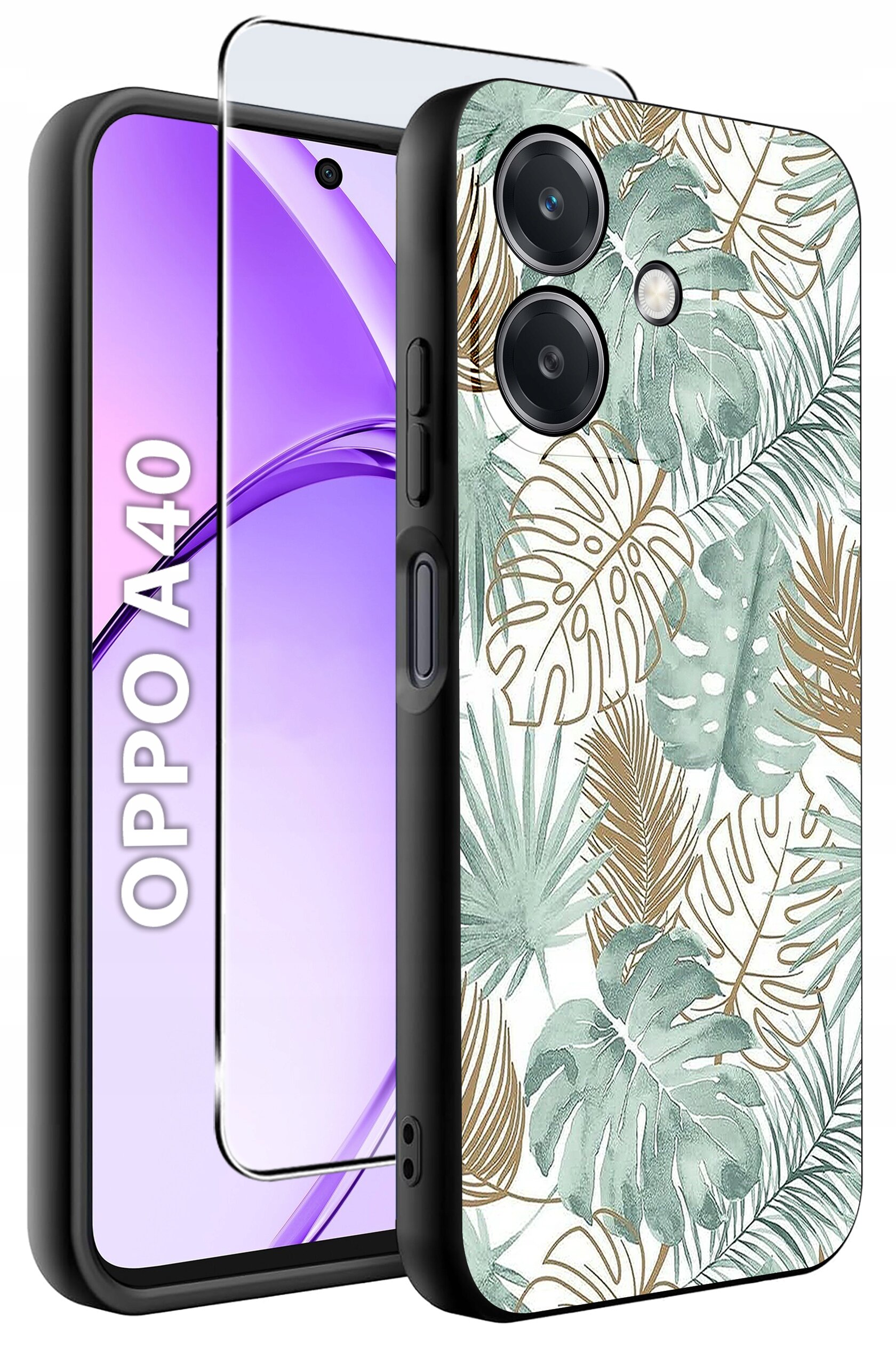 Obraz przedstawia etui na telefon z motywem liści w odcieniach zieleni i brązu oraz szkło ochronne. Obok widoczny jest telefon z napisem \'OPPO A40\'.
