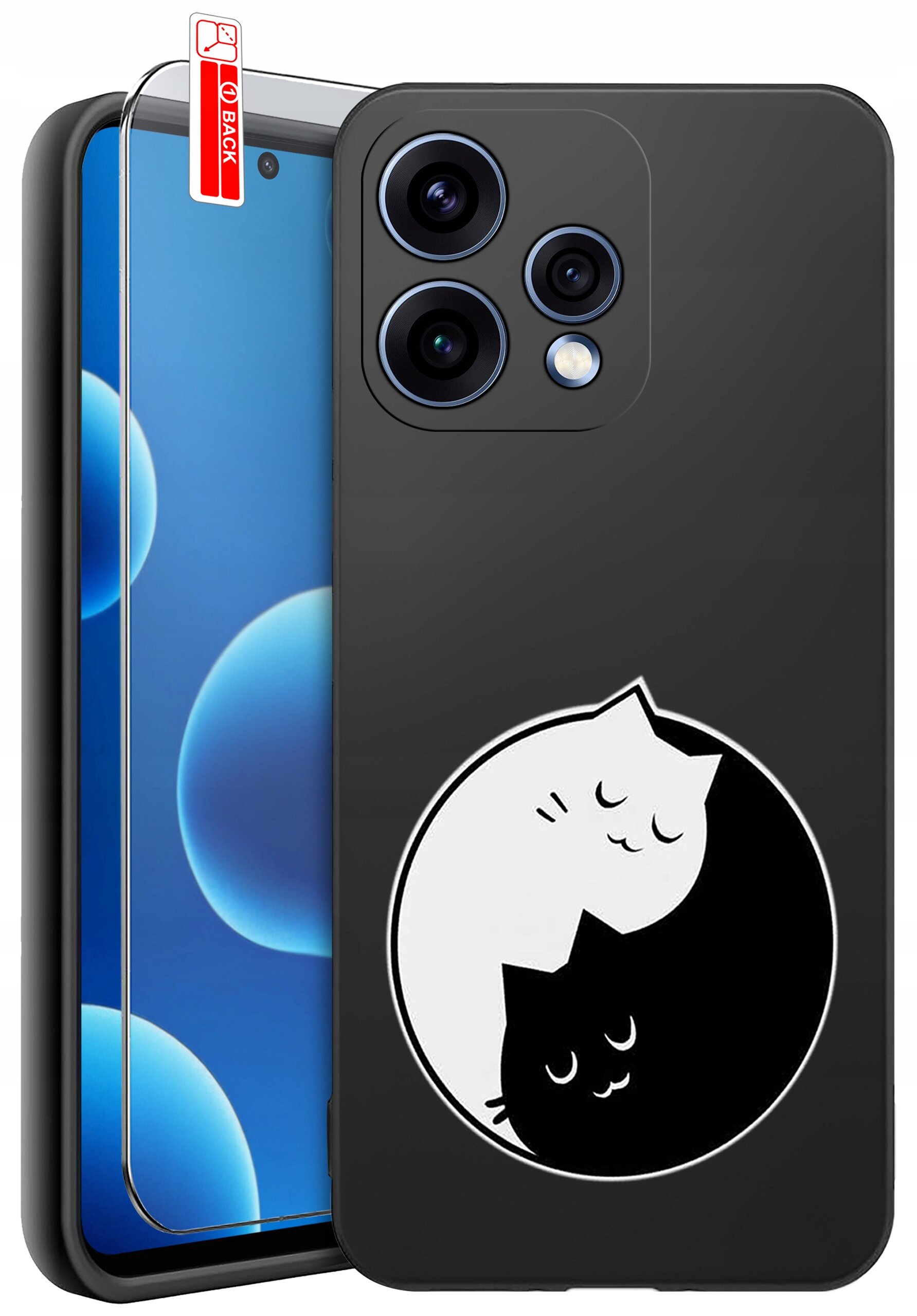 Czarne silikonowe etui na telefon z grafiką dwóch kotów w stylu yin-yang. Obok etui znajduje się szkło ochronne z oznaczeniem \'BACK\'.