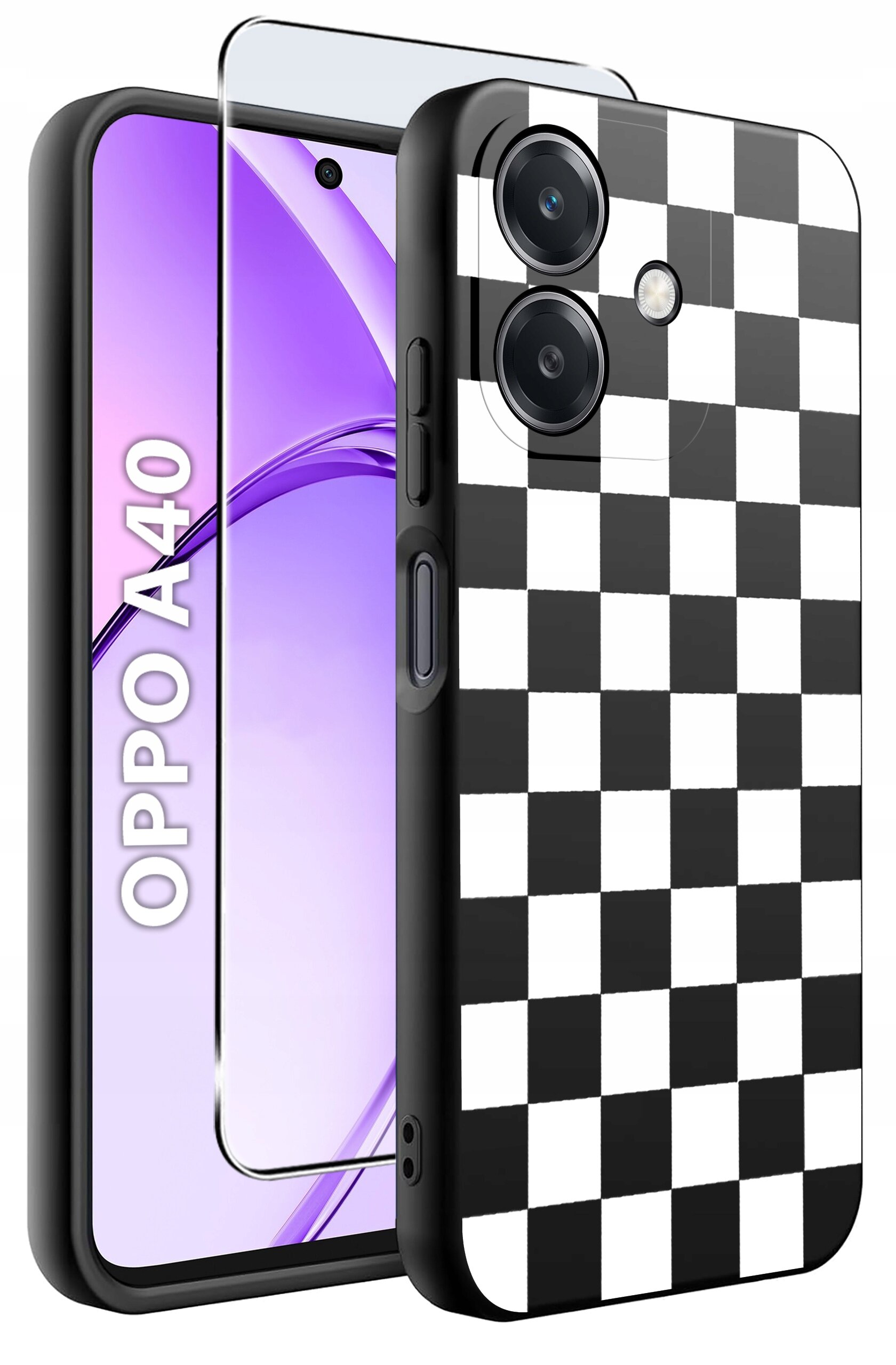 Obraz przedstawia telefon Oppo A40 z nałożonym etui o wzorze szachownicy oraz szkło ochronne. Na ekranie telefonu widoczny jest napis \'OPPO A40\'.