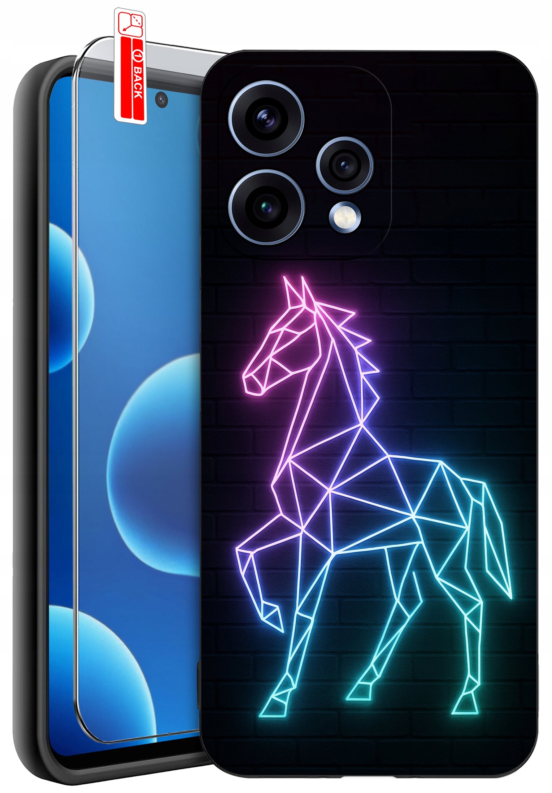 Etui na telefon z geometrycznym wzorem konia w neonowych kolorach na ciemnym tle. Obok znajduje się szkło ochronne z napisem \'BACK\'.