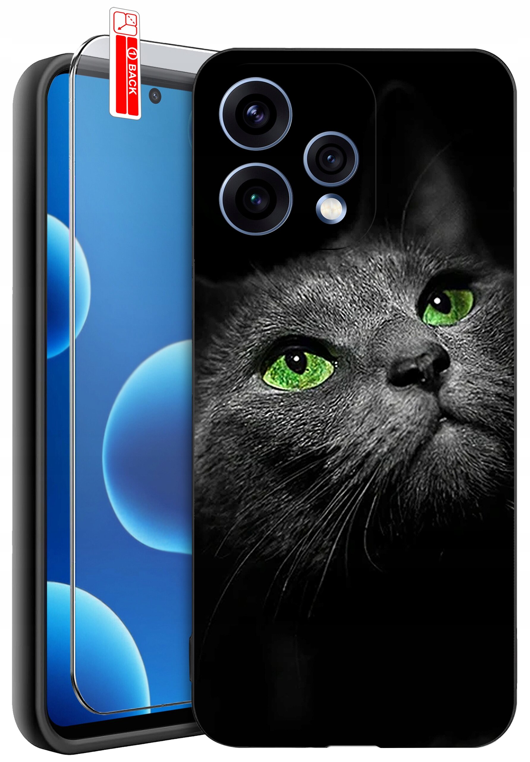 Etui na telefon z nadrukiem szarego kota o zielonych oczach. Obok znajduje się szkło ochronne z etykietą \'BACK\'.