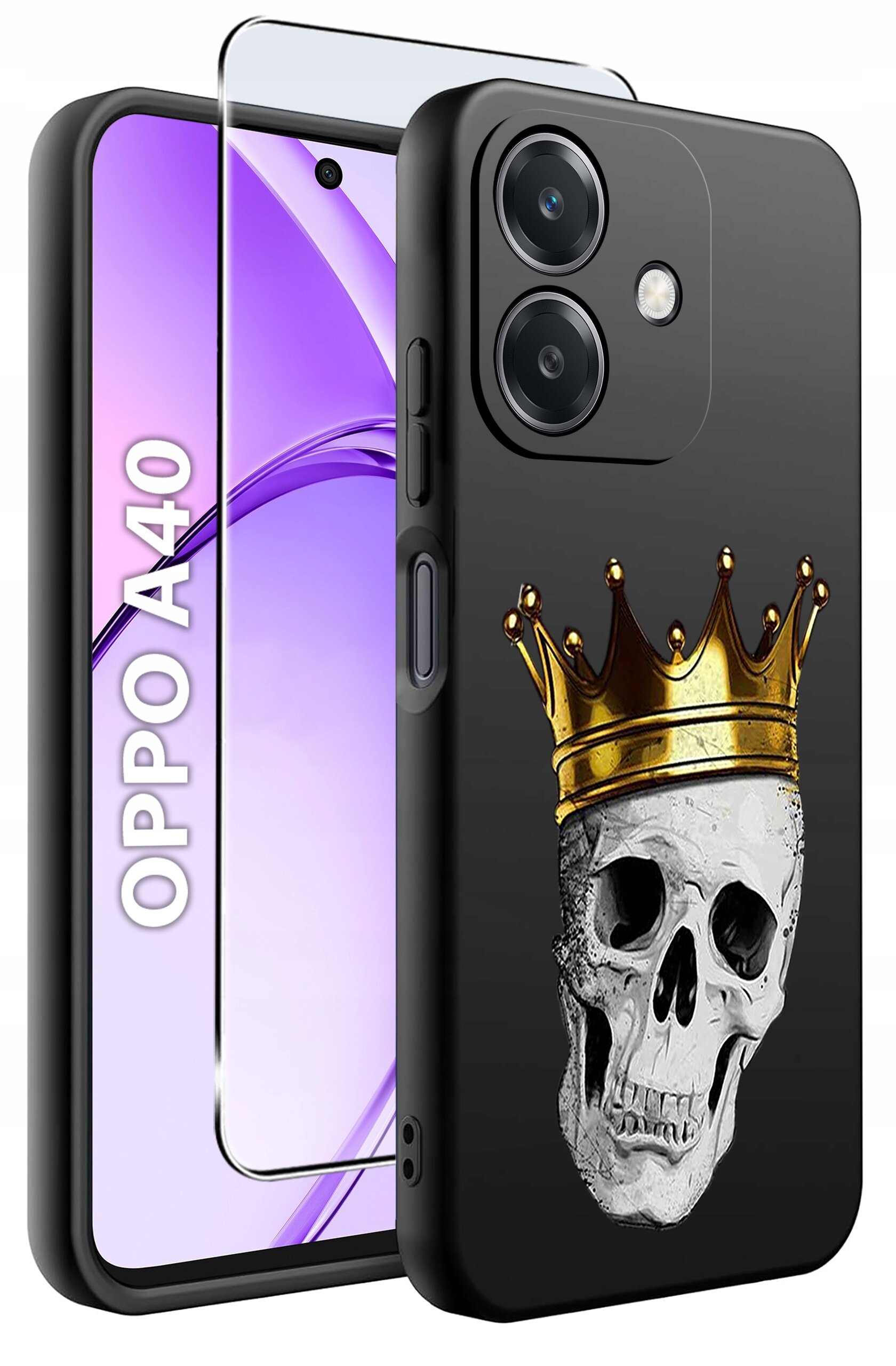 Obraz przedstawia czarne etui na telefon z nadrukiem czaszki w złotej koronie. Obok etui widoczny jest telefon z napisem \'OPPO A40\' na ekranie oraz szkło ochronne.