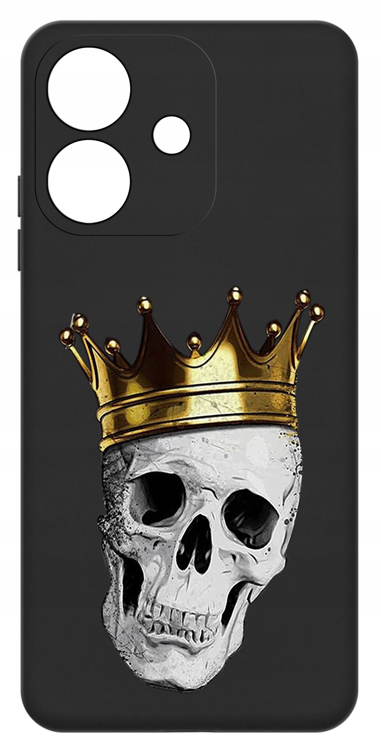 Czarne etui na telefon z nadrukiem czaszki w złotej koronie. Etui ma wycięcia na aparat i przyciski.