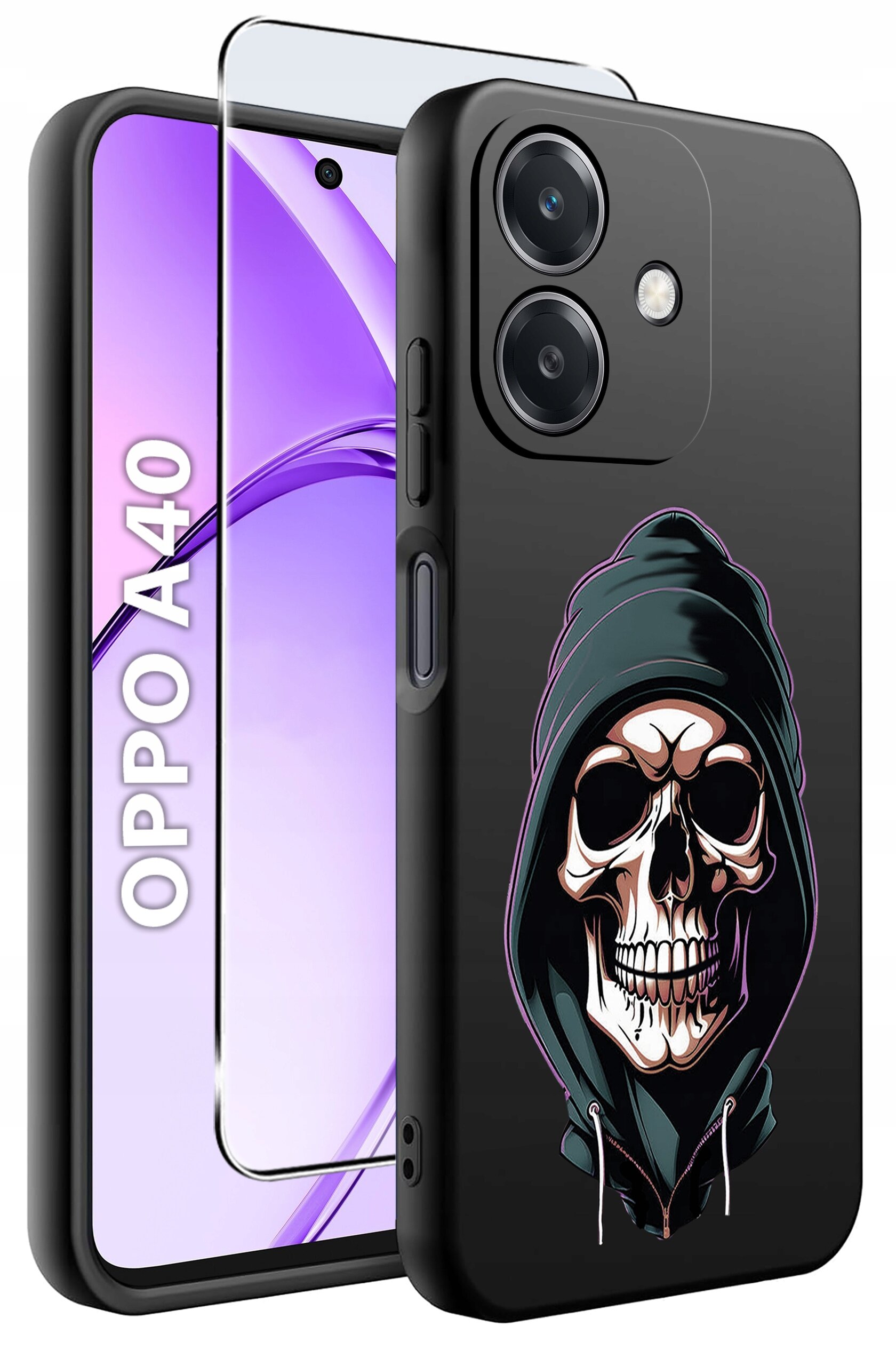 Obraz przedstawia etui na telefon z nadrukiem czaszki w kapturze oraz szkło ochronne. Na ekranie telefonu widoczny jest napis \'OPPO A40\'.