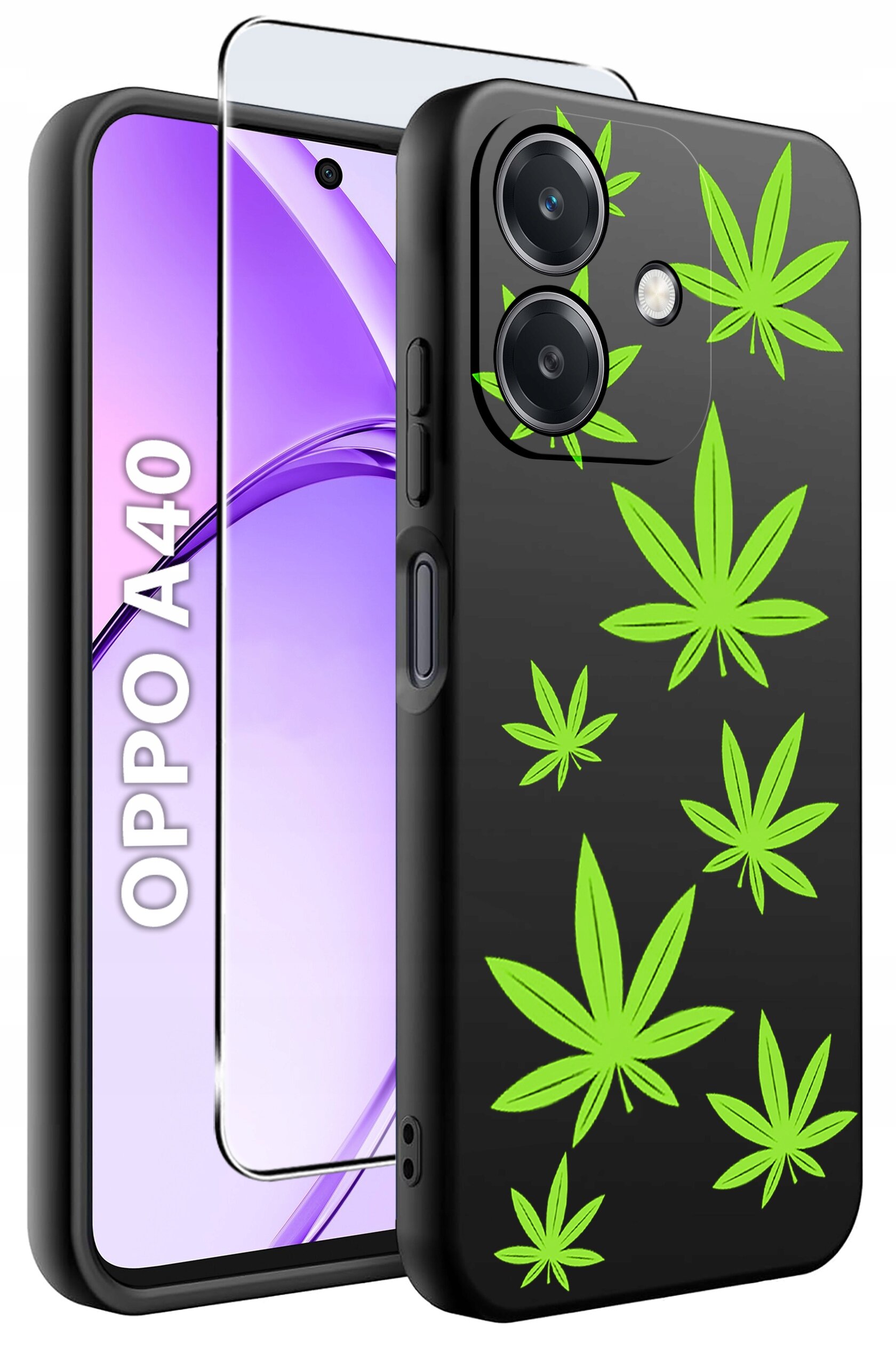 Obraz przedstawia czarne etui na telefon z zielonymi wzorami liści oraz szkło ochronne. Na ekranie telefonu widoczny jest napis \'OPPO A40\'.