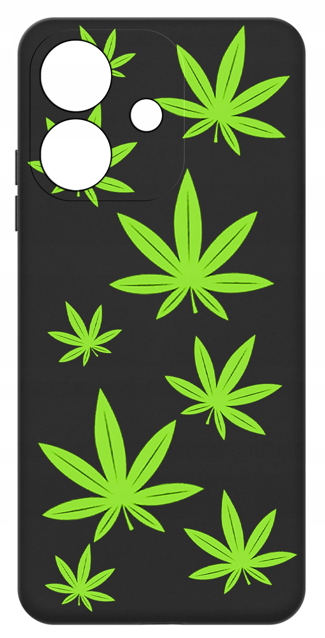 Czarne etui na telefon z zielonymi liśćmi w różnych rozmiarach. Etui ma wycięcia na aparat i przyciski.