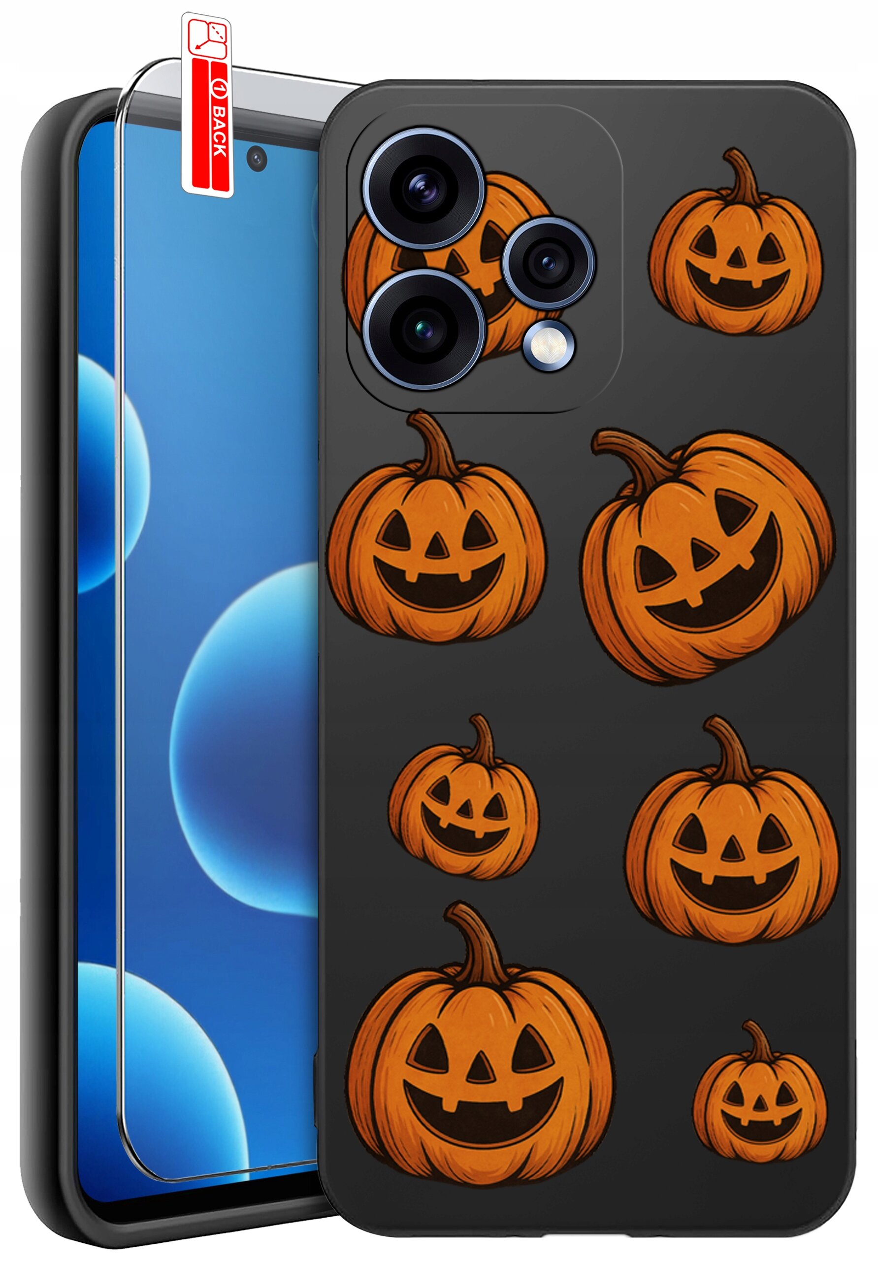 Etui na telefon z motywem dyni na czarnym tle, obok widoczne szkło ochronne z napisem \'BACK\'.