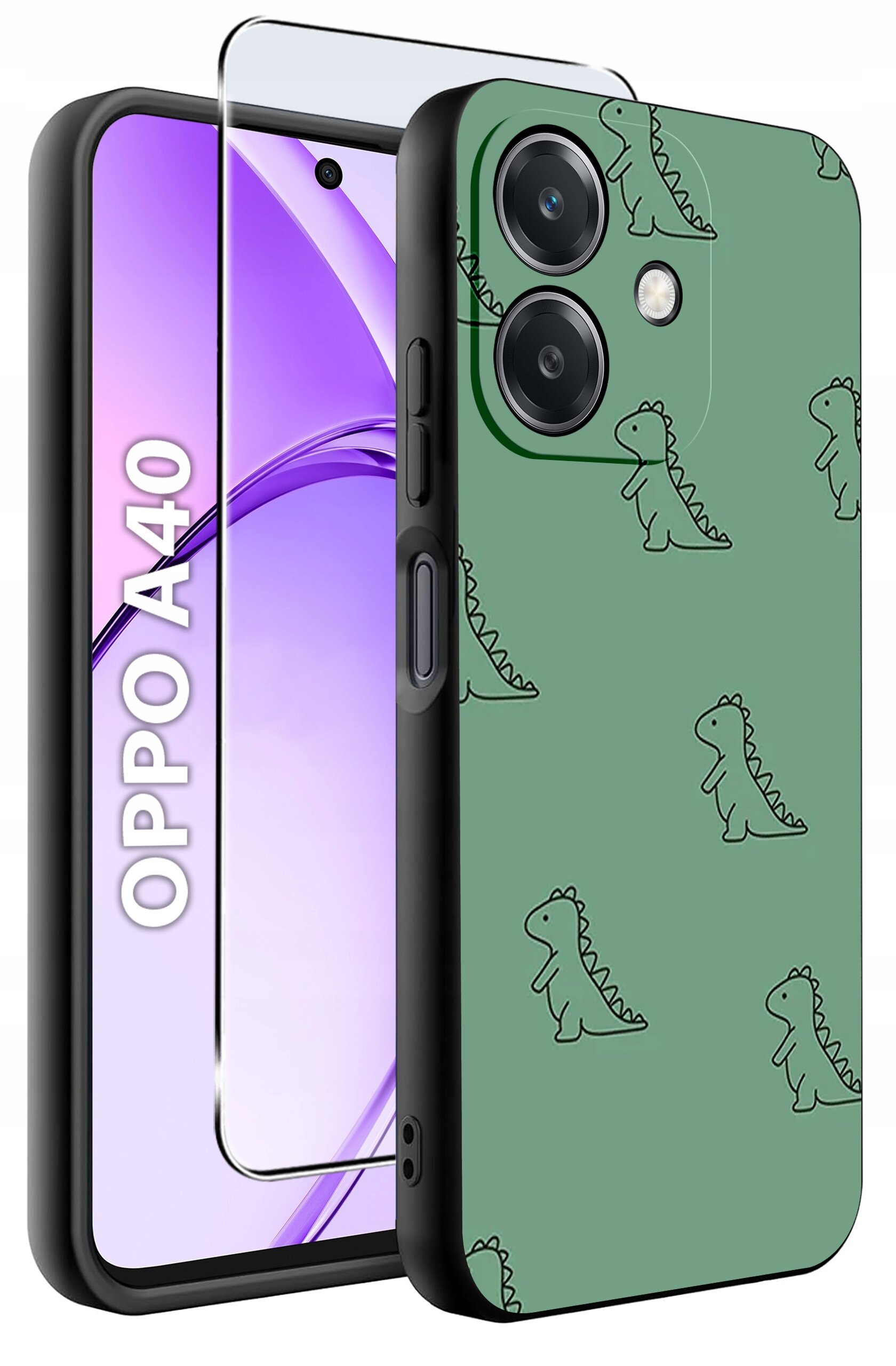 Obraz przedstawia zielone etui z wzorem dinozaurów, przeznaczone do telefonu Oppo A40. Obok etui widoczny jest telefon z napisem \'OPPO A40\' na ekranie oraz szkło ochronne.