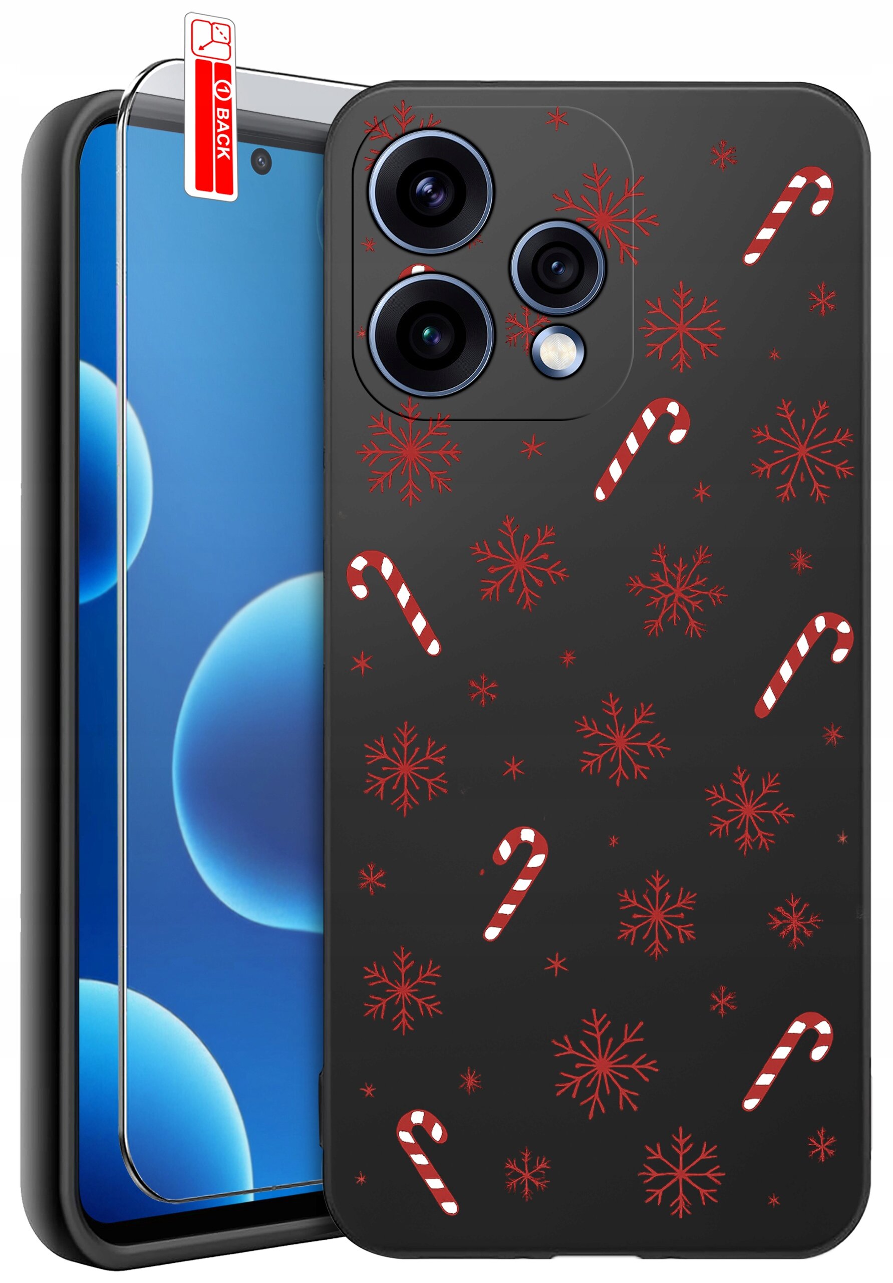 Na obrazie widoczne jest czarne etui na telefon z czerwonymi wzorami śnieżynek i biało-czerwonymi laskami cukrowymi. Obok etui znajduje się szkło ochronne z napisem \'BACK\'.