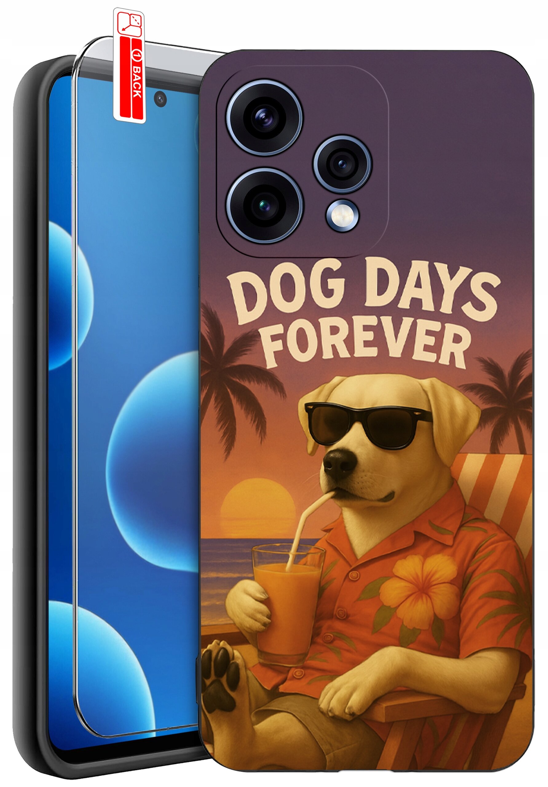 Etui na telefon z grafiką psa w okularach przeciwsłonecznych, siedzącego na leżaku z napojem, z napisem \'DOG DAYS FOREVER\'. Obok etui znajduje się szkło ochronne na ekran z oznaczeniem \'BACK\'.