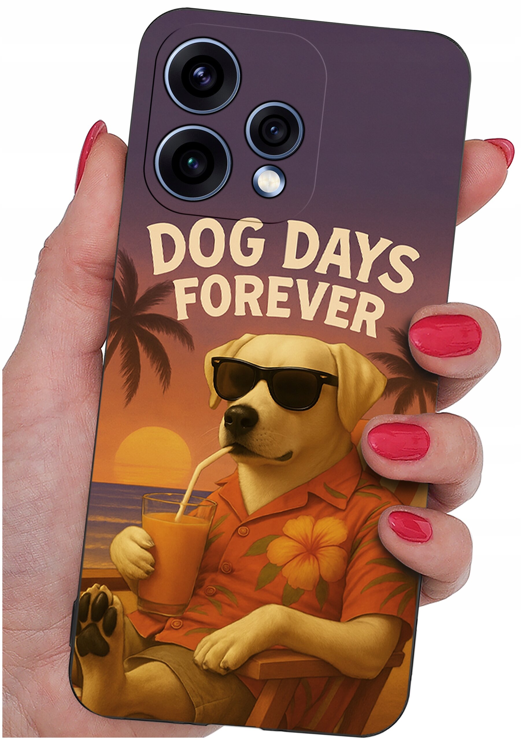 Etui na telefon z nadrukiem psa w okularach przeciwsłonecznych, trzymającego napój z napisem \'DOG DAYS FOREVER\'. W tle widoczne są palmy i zachodzące słońce.