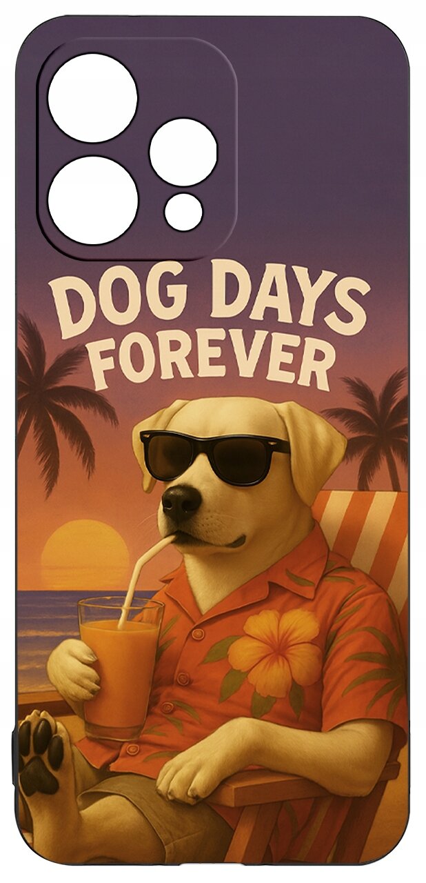 Etui przedstawia psa w okularach przeciwsłonecznych, siedzącego na leżaku z napojem w ręku, na tle zachodzącego słońca i palm. Widoczny jest napis \'DOG DAYS FOREVER\'.
