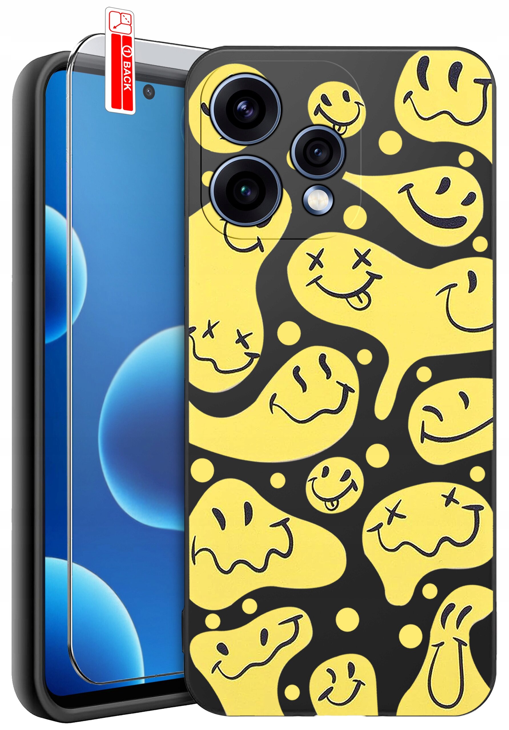 Etui na telefon z żółtym wzorem uśmiechniętych twarzy na czarnym tle, obok szkło ochronne z napisem \'BACK\'.