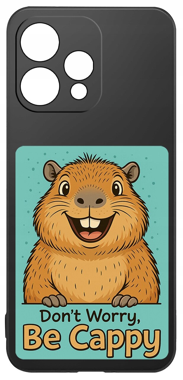 Etui na telefon z grafiką uśmiechniętej kapibary na niebieskim tle oraz napisem \'Don\'t Worry, Be Cappy\'.