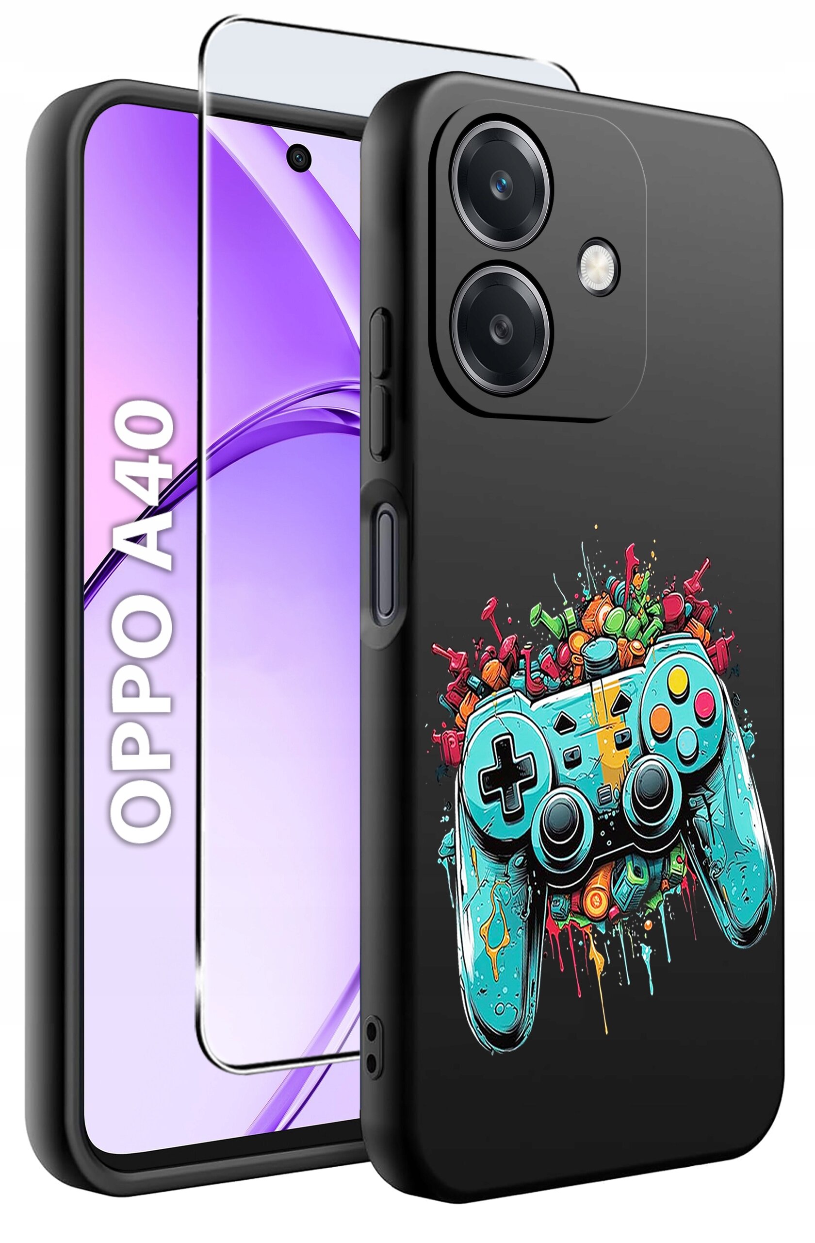 Obraz przedstawia etui na telefon z kolorowym wzorem kontrolera do gier na czarnym tle. Obok widoczny jest telefon z napisem \'OPPO A40\' oraz szkło ochronne.
