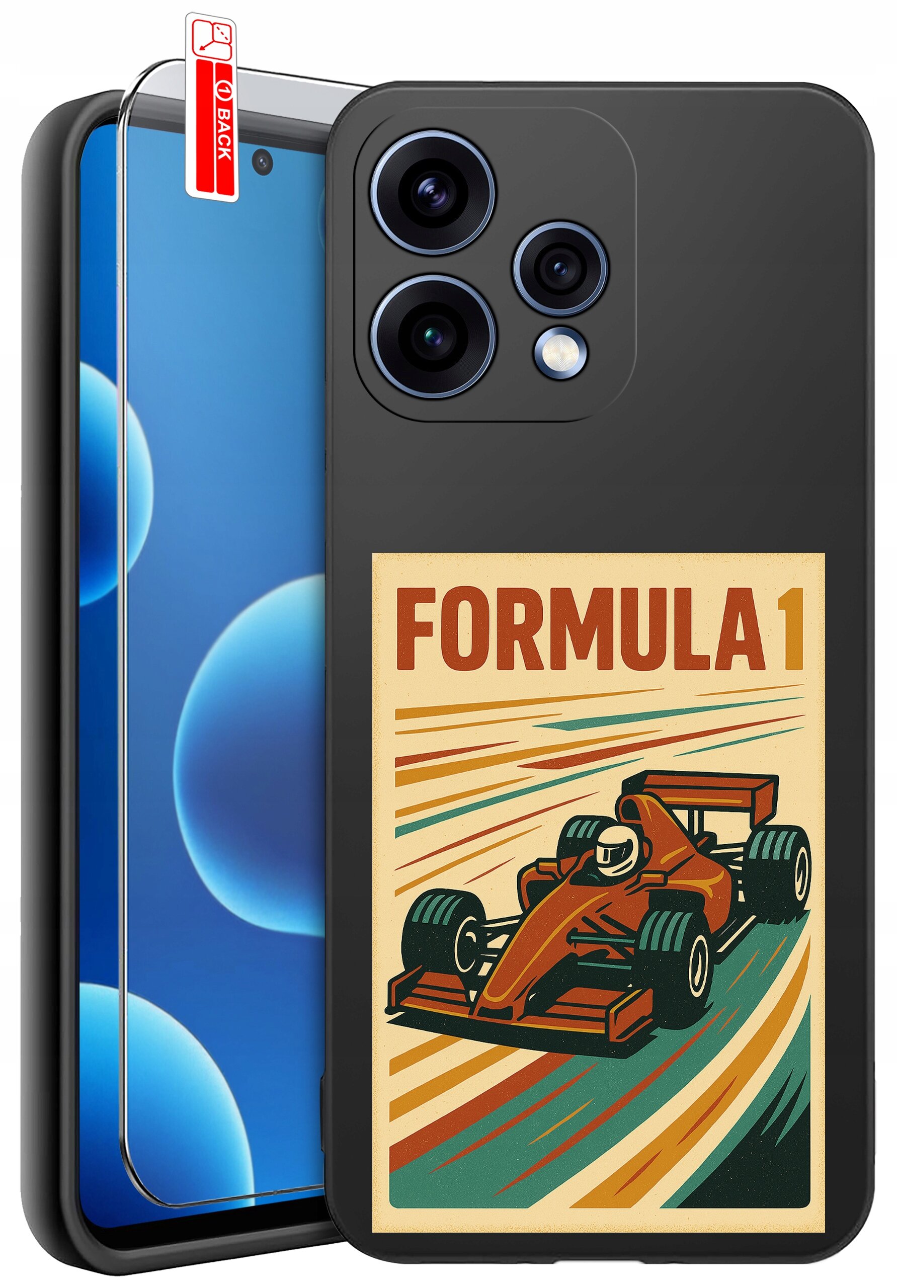 Etui na telefon z grafiką samochodu wyścigowego i napisem \'FORMULA 1\'. Obok etui znajduje się szkło ochronne na ekran z oznaczeniem \'BACK\'.