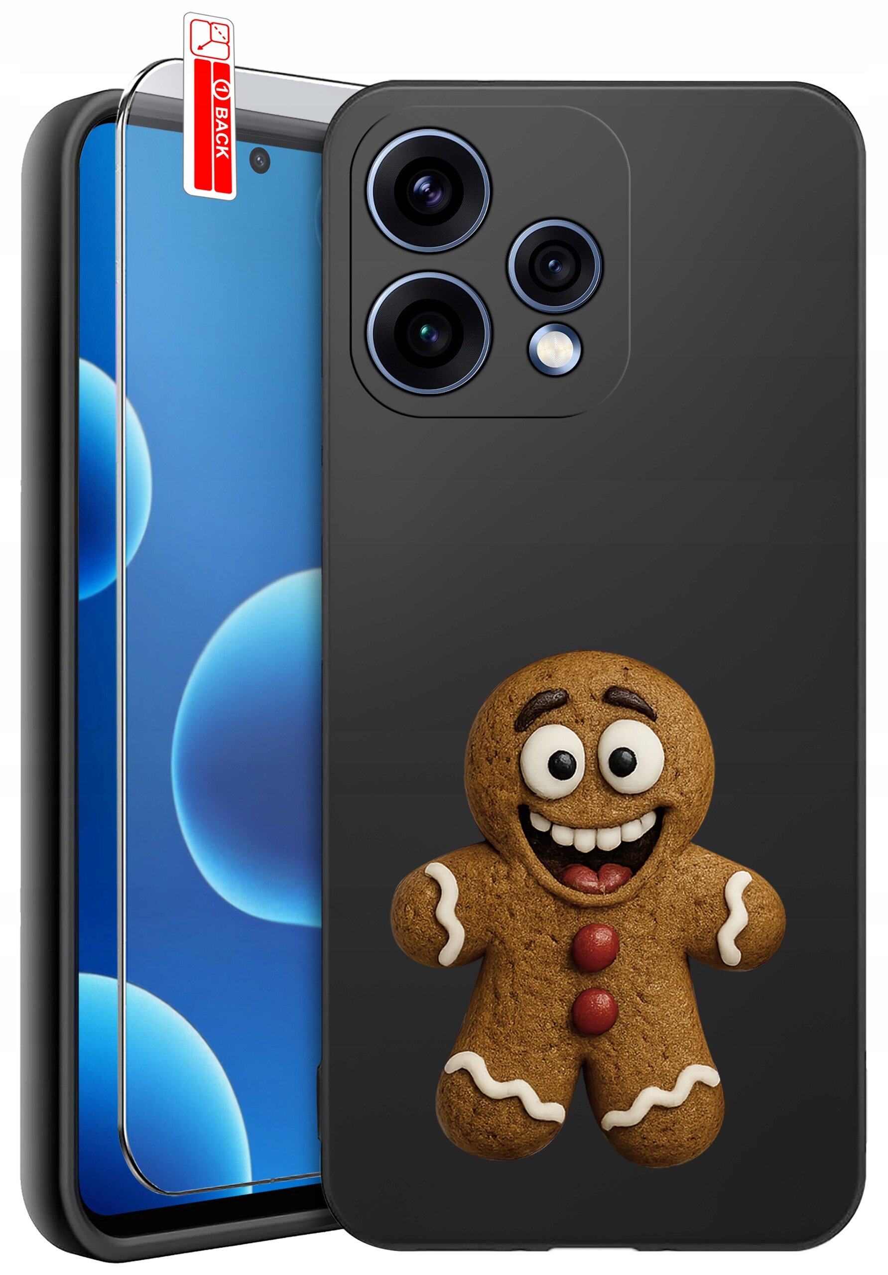 Czarne etui na telefon z wizerunkiem uśmiechniętego piernikowego ludzika. Obok znajduje się szkło ochronne z napisem \'BACK\'.