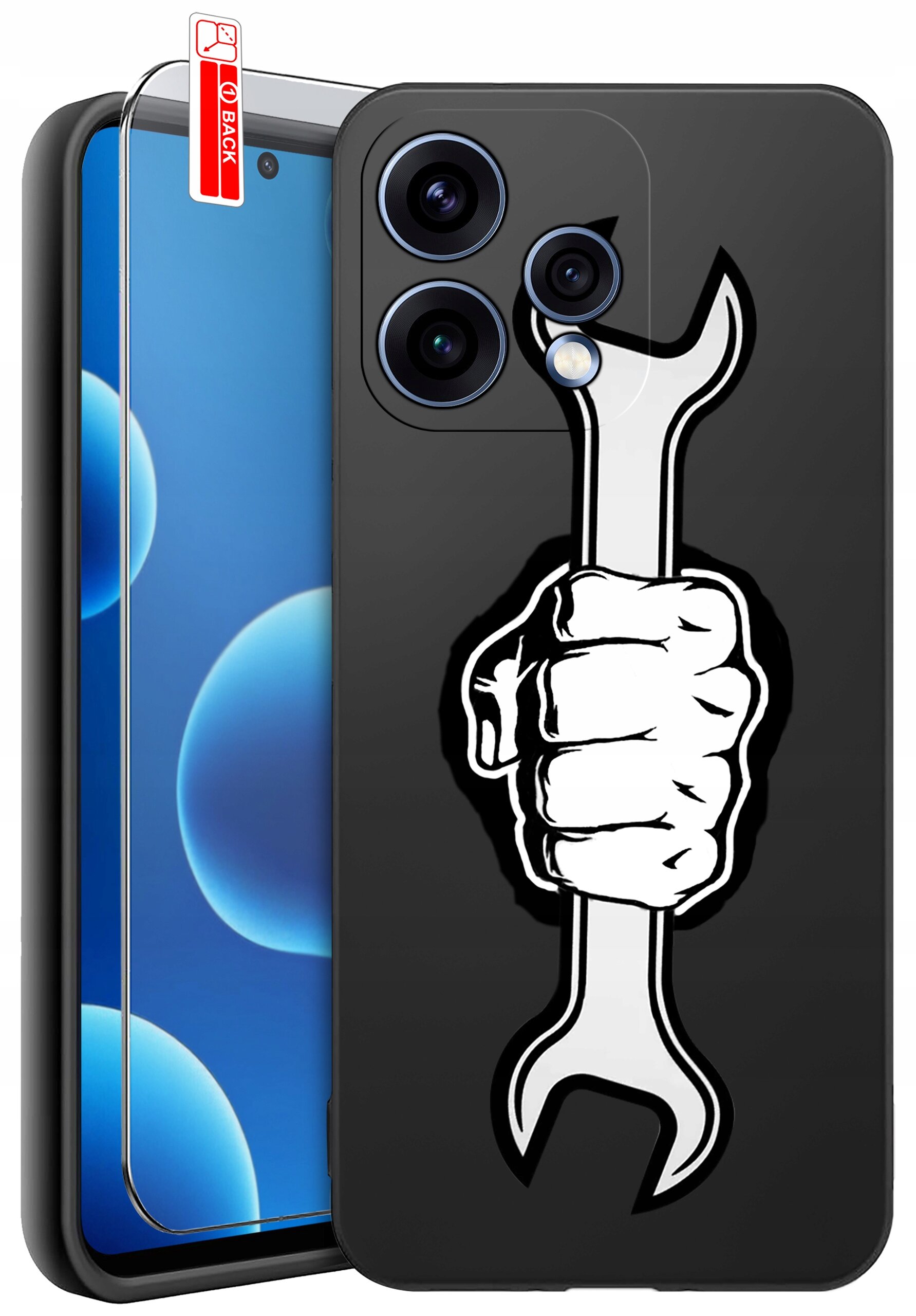 Czarne etui na telefon z nadrukiem białej dłoni trzymającej klucz. Obok znajduje się szkło ochronne z napisem \'BACK\'.