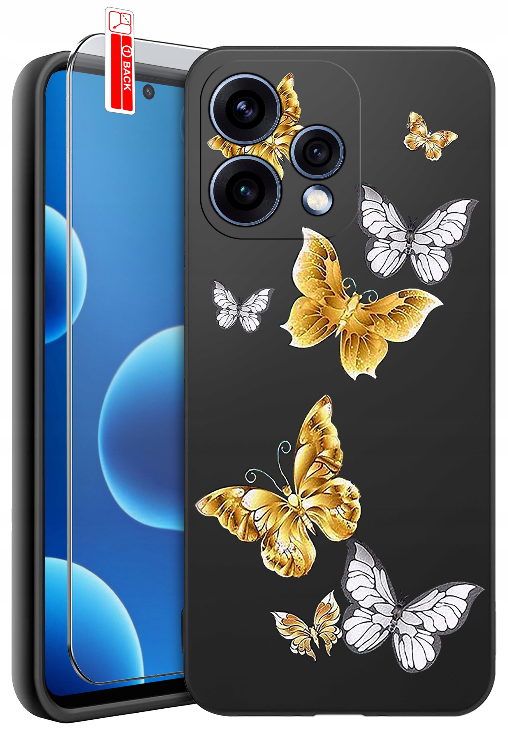 Czarne etui na telefon z wzorem kolorowych motyli, w zestawie z przezroczystym szkłem ochronnym oznaczonym etykietą \'BACK\'.