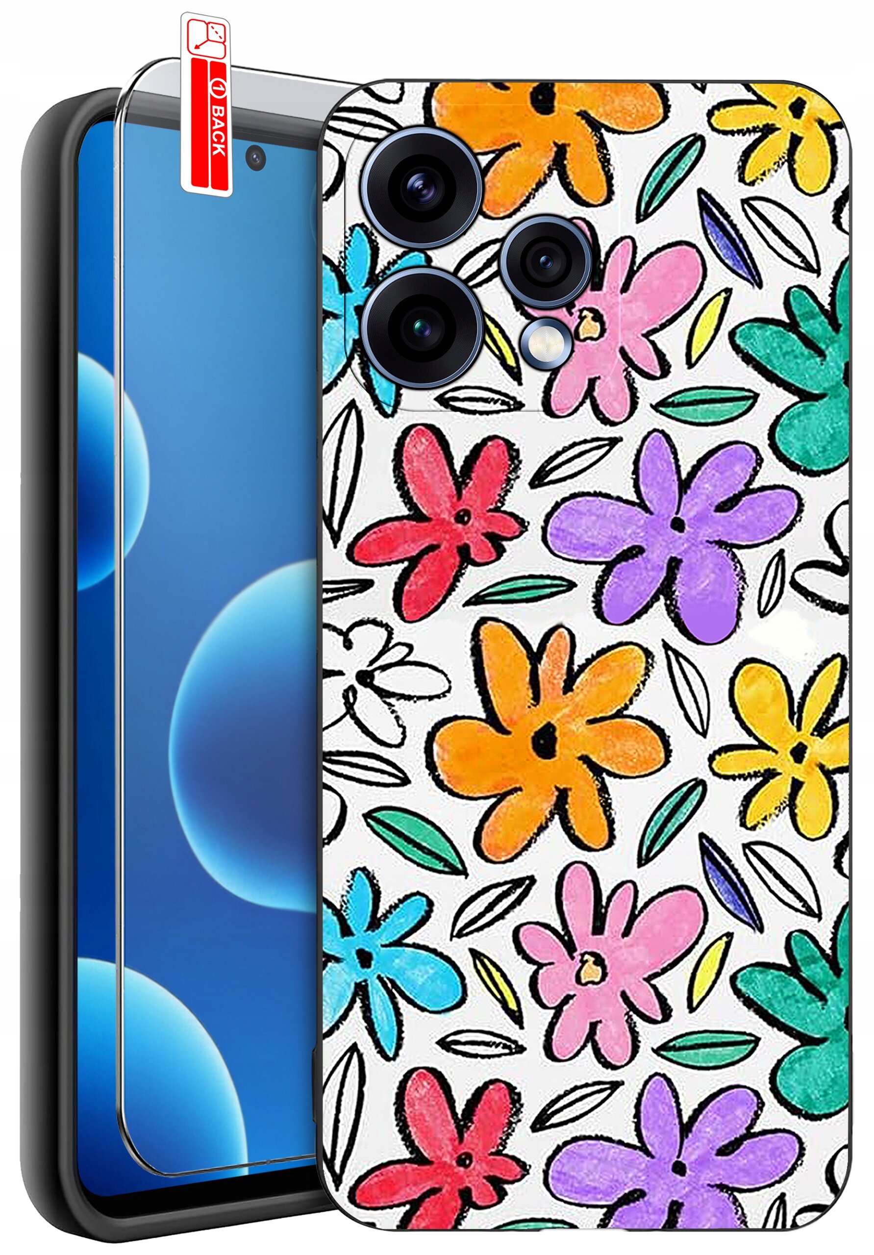 Etui na telefon z kolorowym wzorem kwiatów w różnych odcieniach na białym tle, obok znajduje się szkło ochronne z napisem \'BACK\'.