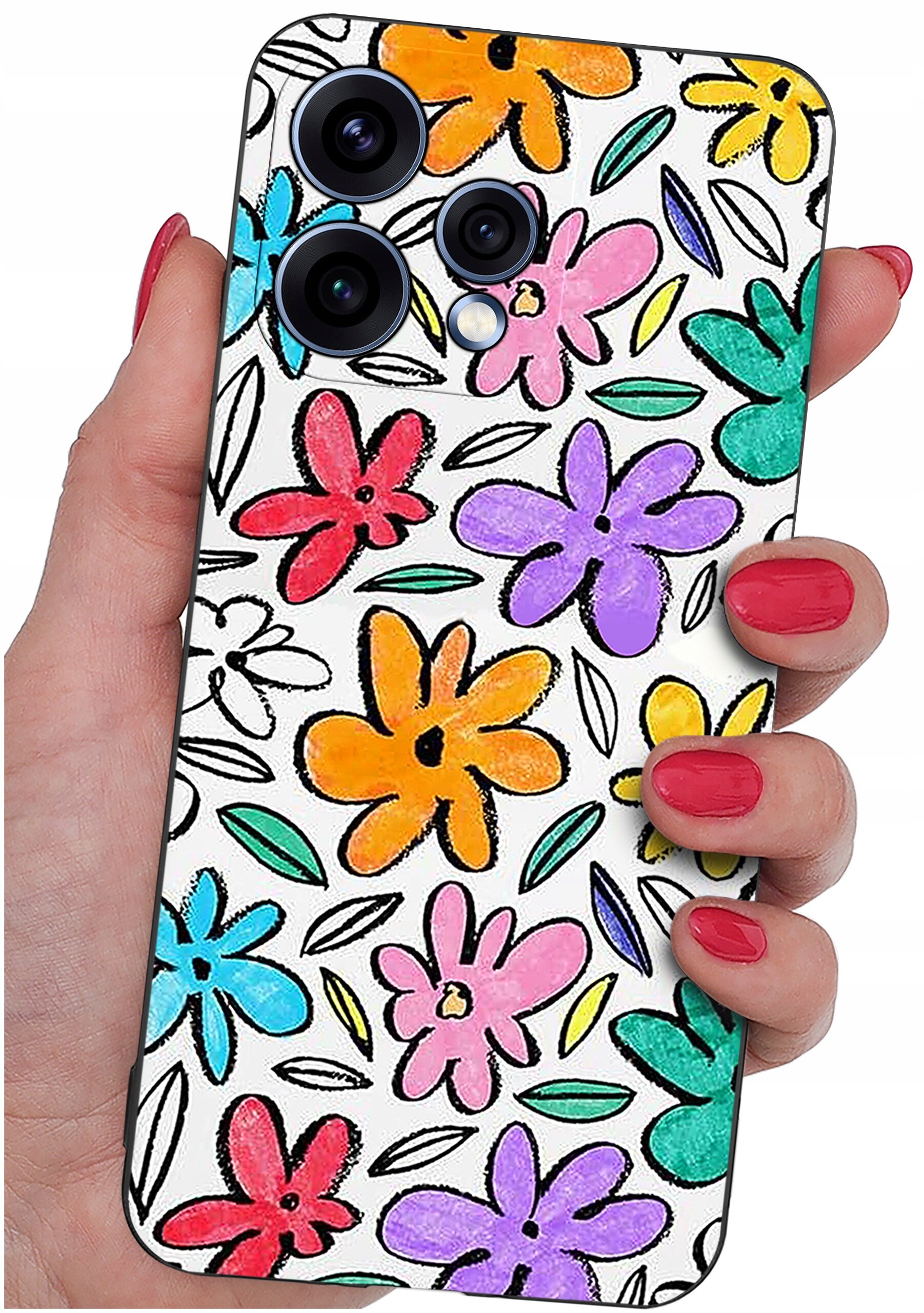 Etui na telefon z kolorowym wzorem kwiatów w odcieniach pomarańczowego, różowego, fioletowego, czerwonego i niebieskiego, trzymane w dłoni z pomalowanymi na czerwono paznokciami.