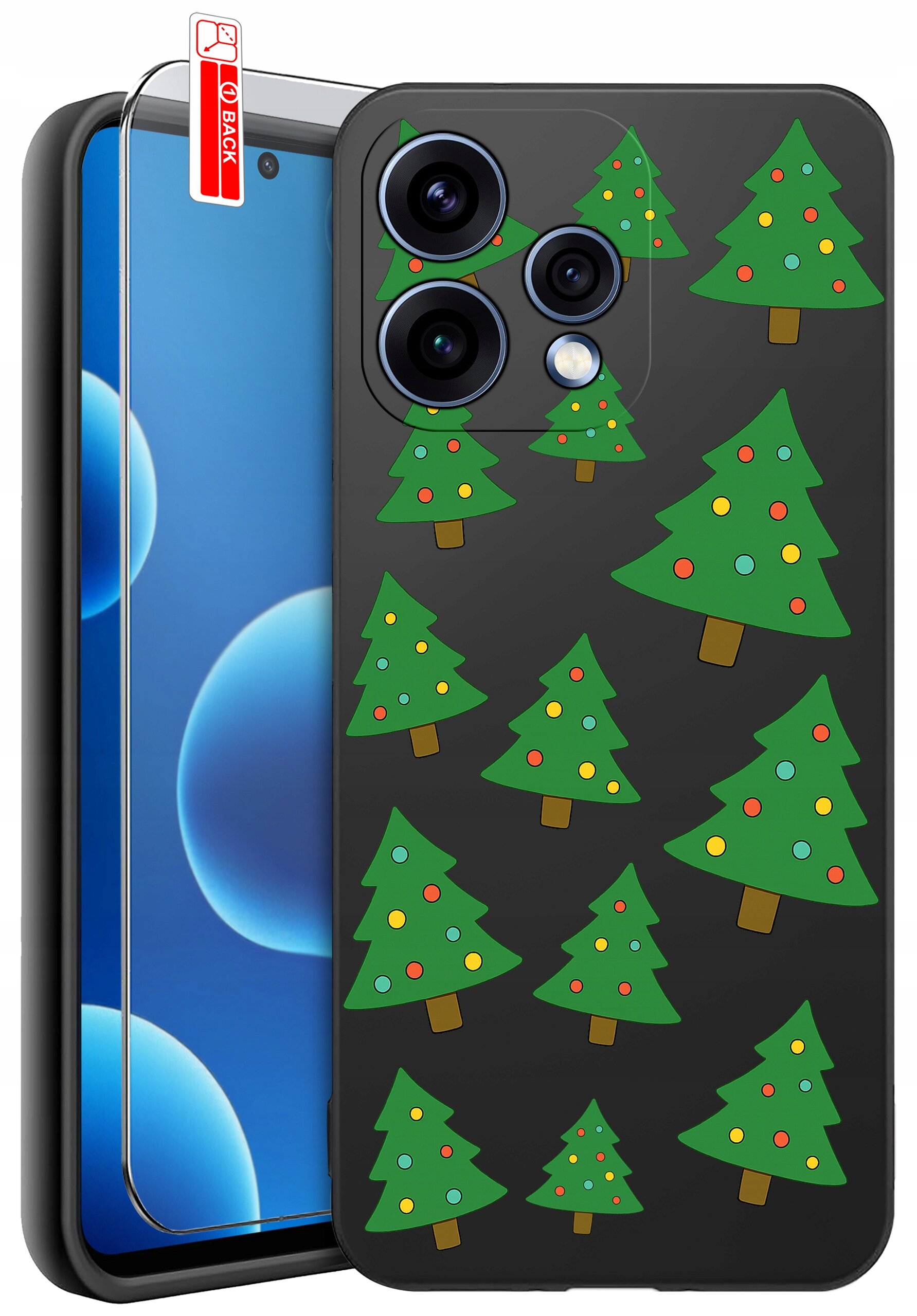 Etui na telefon z wzorem zielonych choinek na czarnym tle, obok znajduje się szkło ochronne z napisem \'BACK\'.