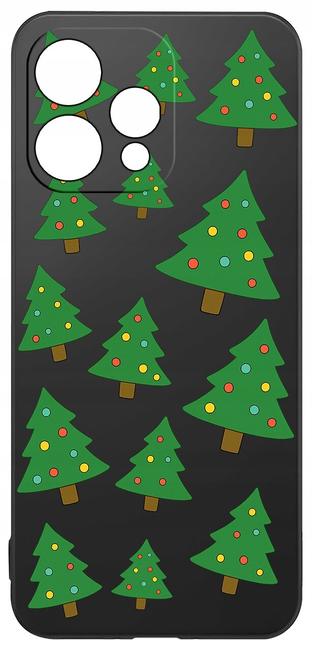 Czarne etui na telefon z wzorem zielonych choinek ozdobionych kolorowymi bombkami. Etui posiada wycięcia na aparat i inne elementy telefonu.