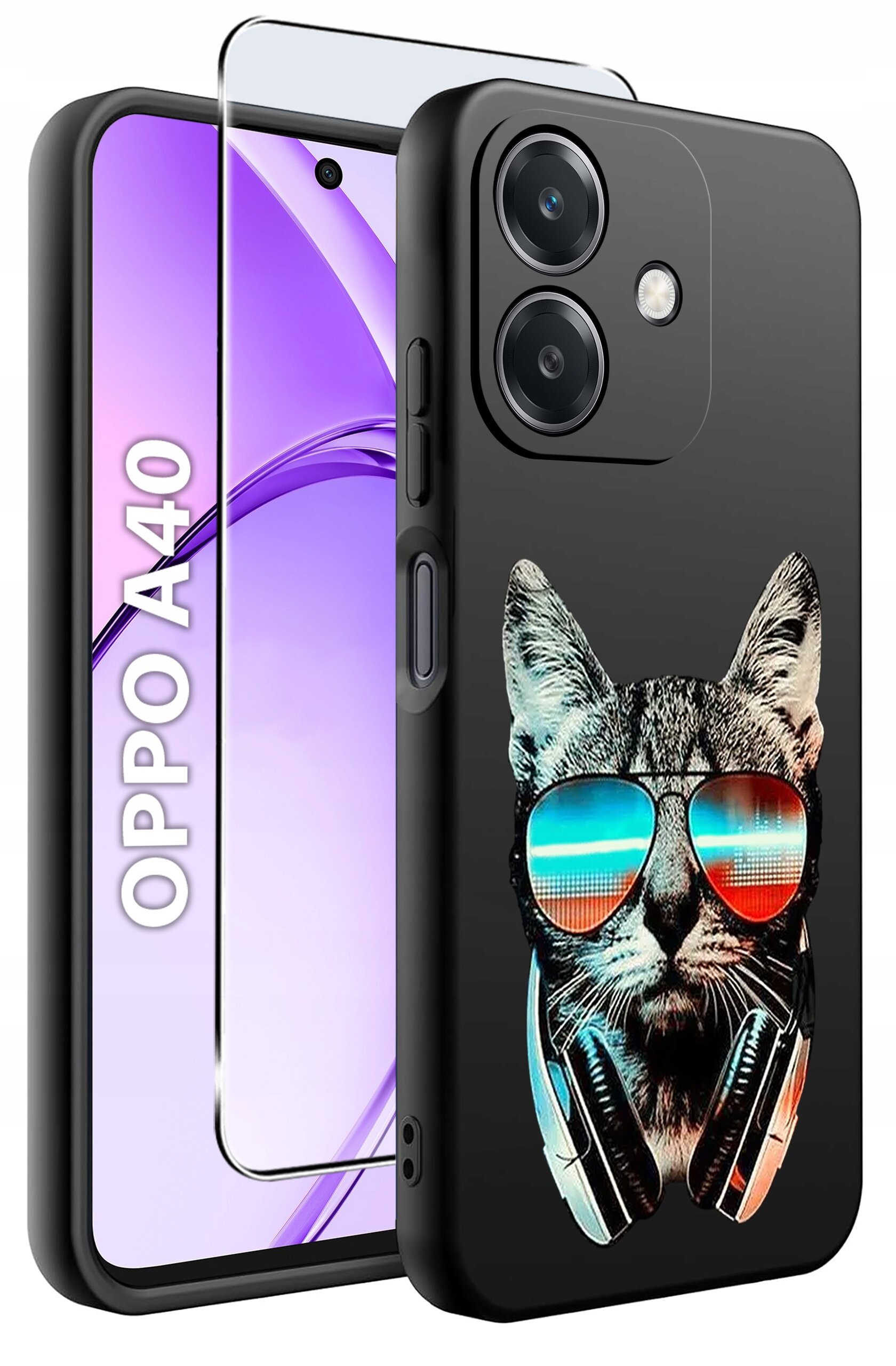 Obraz przedstawia etui na telefon z nadrukiem kota w okularach przeciwsłonecznych i słuchawkach. Obok widoczny jest telefon z napisem \'OPPO A40\'.