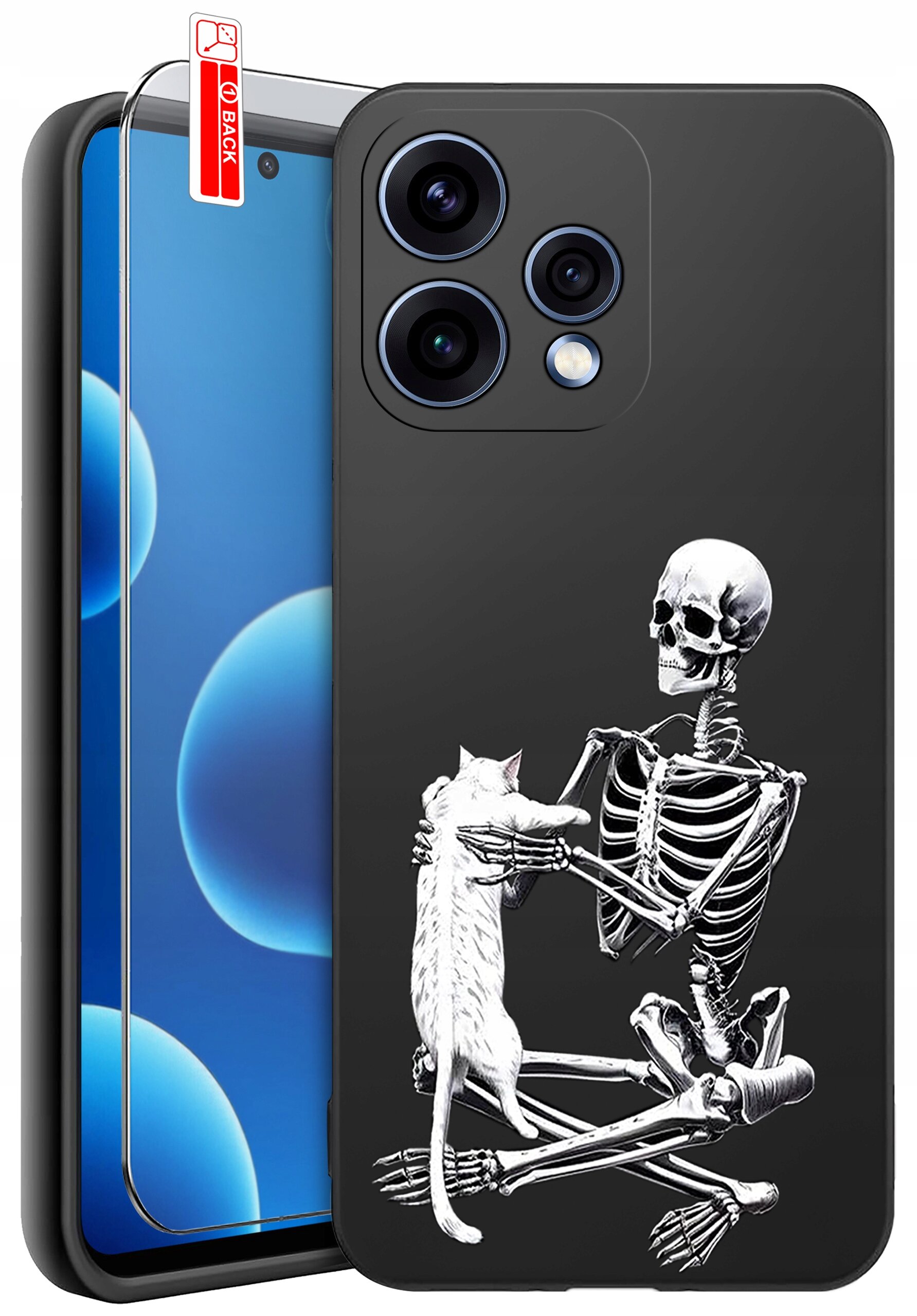 Etui na telefon z nadrukiem szkieletu trzymającego kota, obok znajduje się szkło ochronne z napisem \'BACK\'.