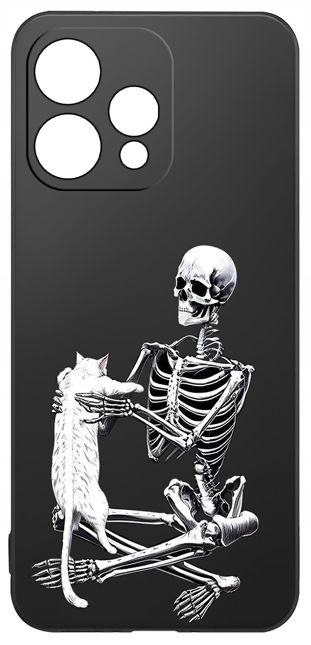 Czarne etui na telefon z nadrukiem szkieletu trzymającego kota. Etui ma wycięcia na aparat i inne elementy telefonu.