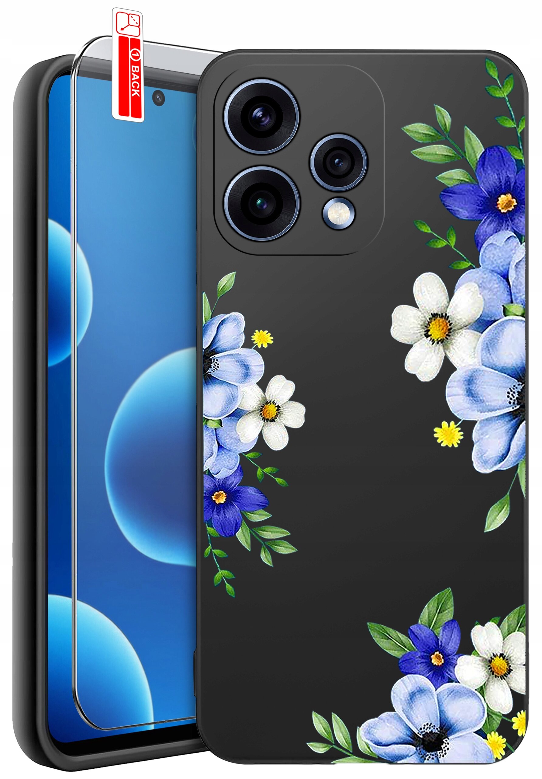 Na obrazie widoczne jest etui na telefon z kwiatowym wzorem w kolorach niebieskim i białym oraz szkło ochronne z napisem \'BACK\'.