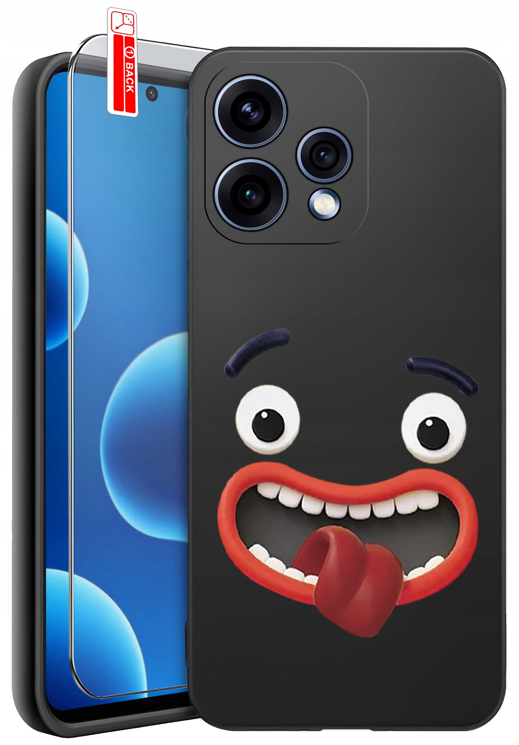 Na obrazie widoczne jest czarne etui na telefon z nadrukiem uśmiechniętej twarzy z wystawionym językiem. Obok etui znajduje się szkło ochronne z napisem \'BACK\'.