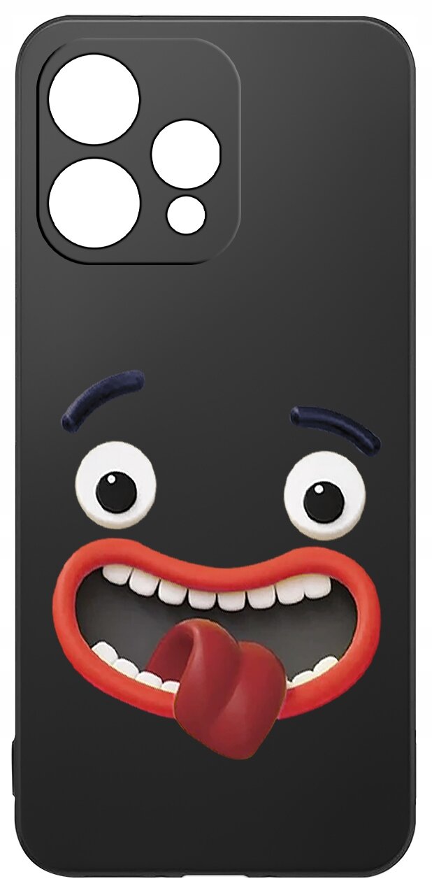 Czarne etui na telefon z zabawną grafiką przedstawiającą twarz z dużymi oczami, szerokim uśmiechem i wystawionym językiem. Etui ma wycięcia na aparat z czterema okrągłymi otworami.