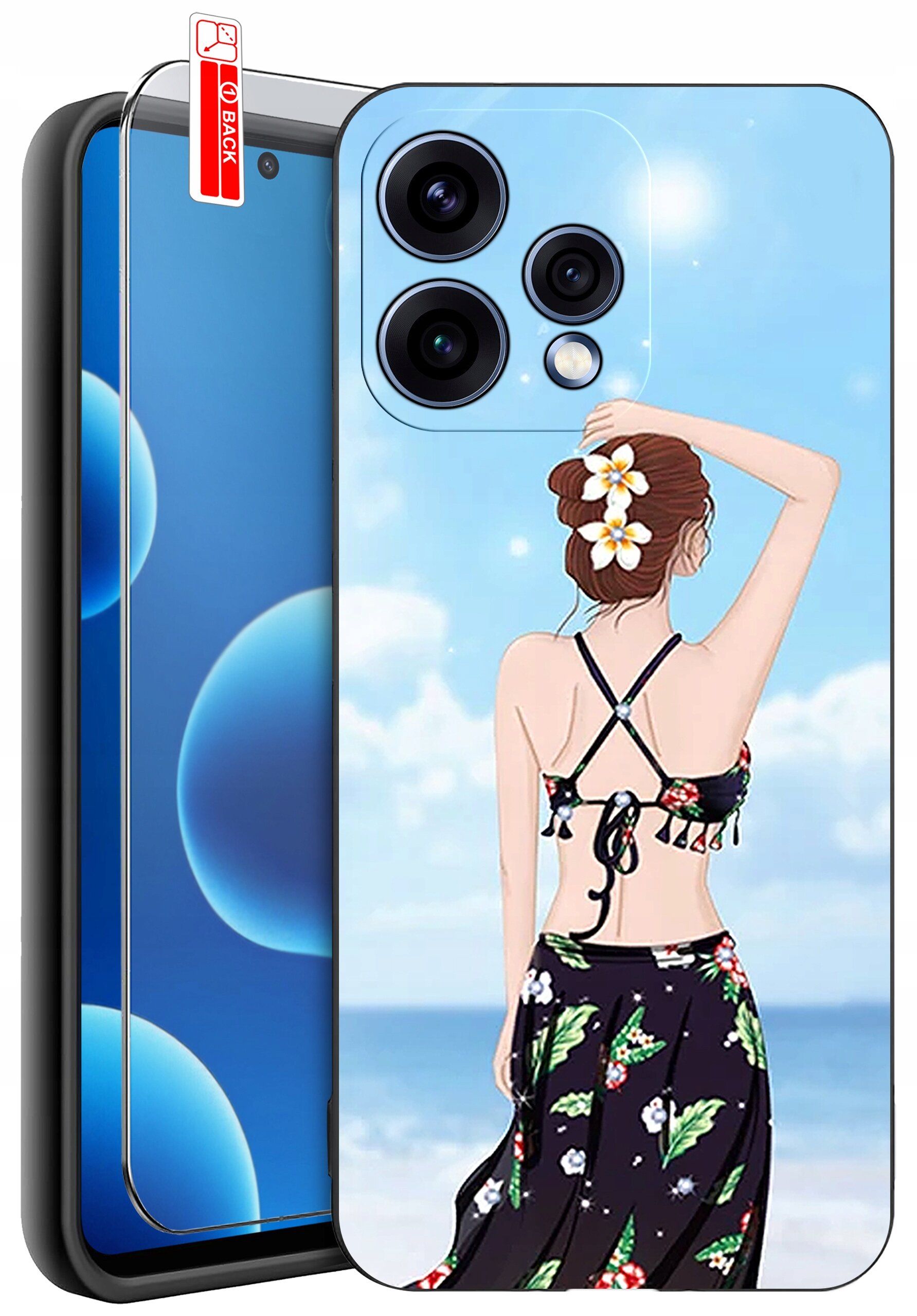 Etui na telefon z grafiką przedstawiającą osobę w stroju plażowym na tle nieba i morza. Obok znajduje się szkło ochronne z napisem \'BACK\'.