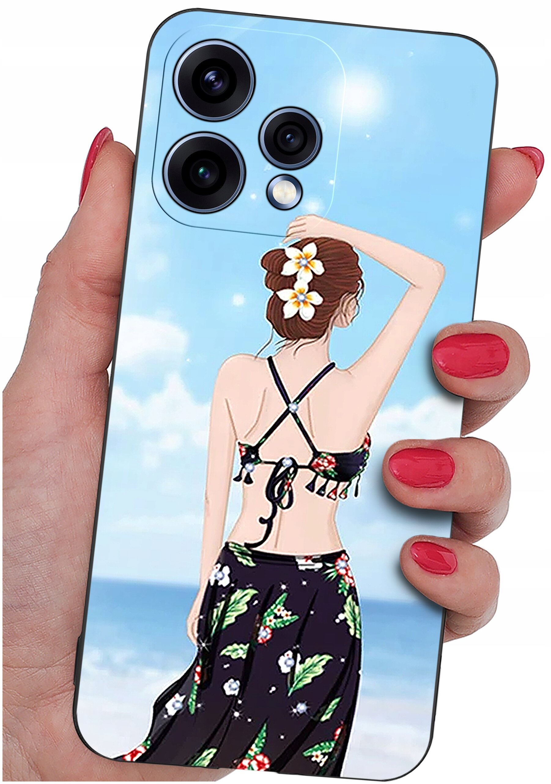 Etui na telefon z grafiką przedstawiającą kobietę w stroju plażowym na tle nieba i morza. Kobieta ma kwiaty we włosach i kolorową spódnicę.