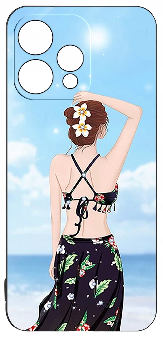 Etui na telefon z grafiką przedstawiającą kobietę w stroju plażowym, z kwiatami we włosach, na tle nieba i morza. W górnej części etui znajdują się wycięcia na aparat.
