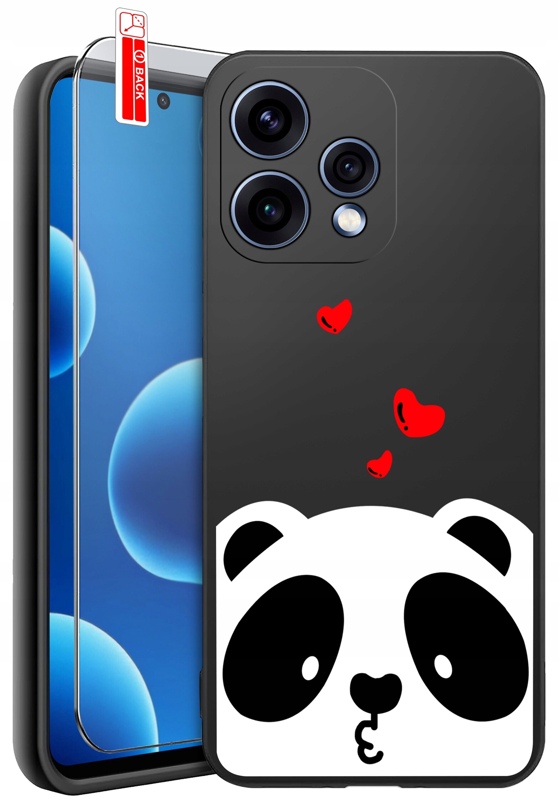 Czarne etui na telefon z nadrukiem pandy i czerwonymi serduszkami. Obok znajduje się szkło ochronne z napisem \'BACK\'.