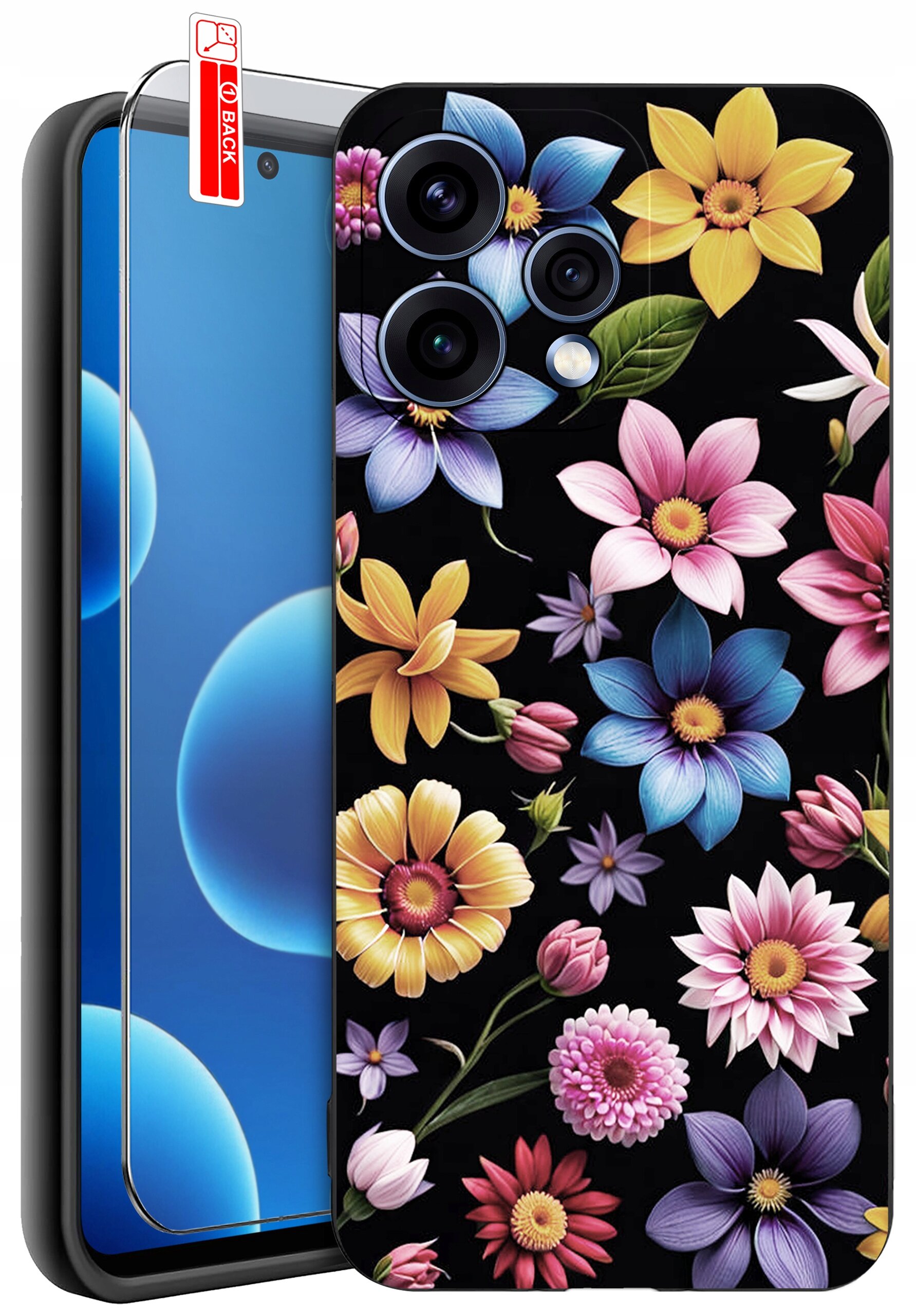 Etui na telefon z kolorowym wzorem kwiatowym na czarnym tle, obok znajduje się szkło ochronne z oznaczeniem \'BACK\'.