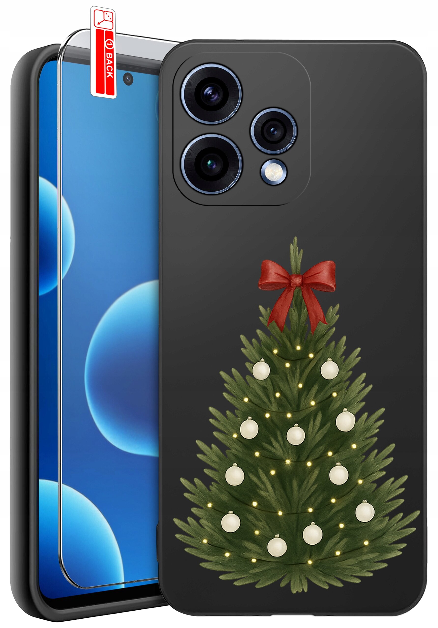 Etui na telefon z motywem choinki ozdobionej białymi bombkami i czerwoną kokardą. Obok etui znajduje się szkło ochronne z napisem \'BACK\'.