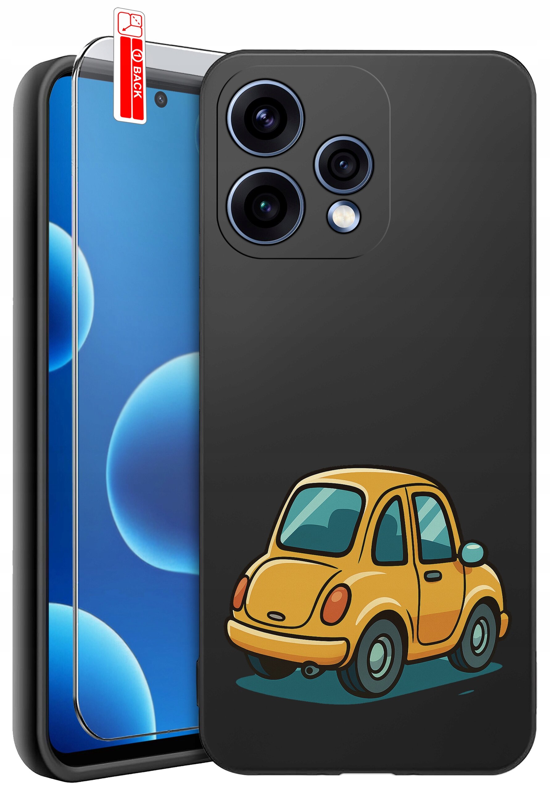 Czarne etui na telefon z nadrukiem żółtego samochodu oraz szkło ochronne z oznaczeniem \'BACK\'.